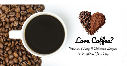 A flat lay of seven beautifully presented coffee recipe creations, each in a different cup or mug, surrounded by coffee beans, cinnamon sticks, and chocolate shavings on a rustic wooden table.