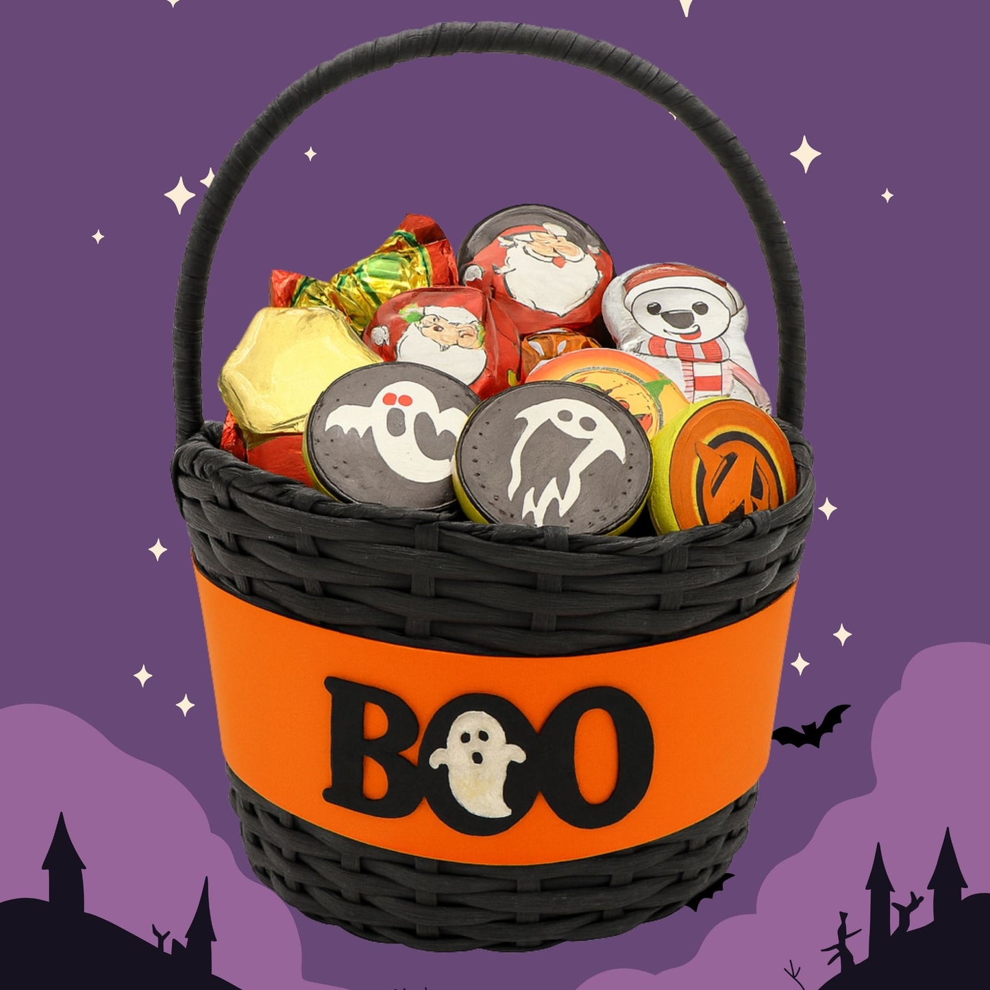Halloween milk chocolate coins in trick-or-treat bag with festive foil wrappers