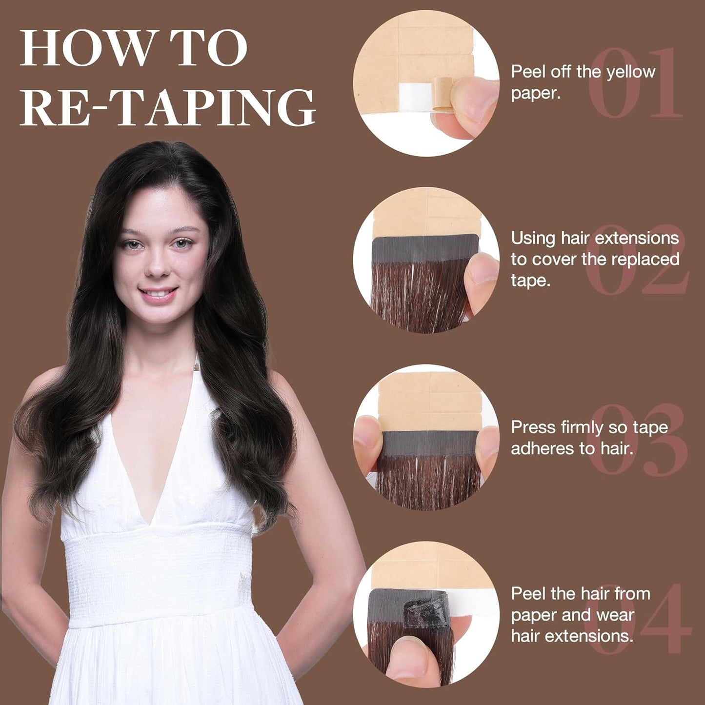 Dark brown tape extensions with natural human hair feel