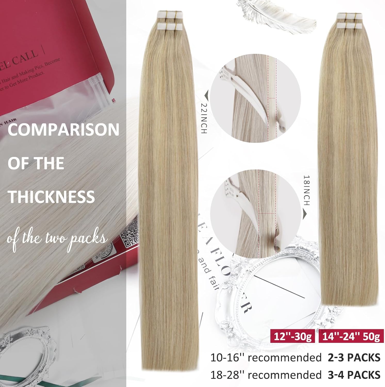 Real human hair tape extensions in 22 inch for added volume and length