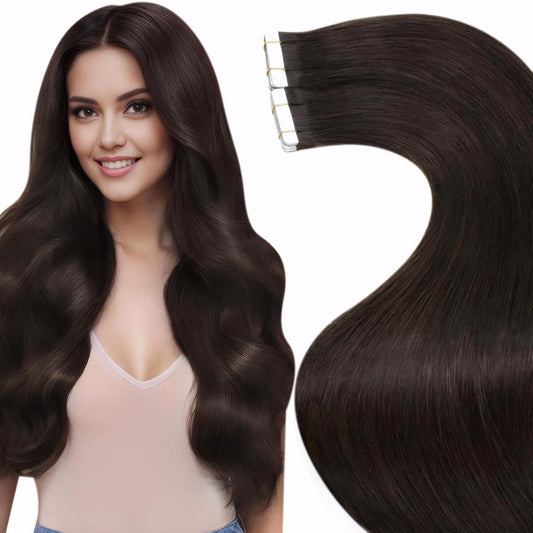 Darkest brown 28 inch tape in human hair extensions