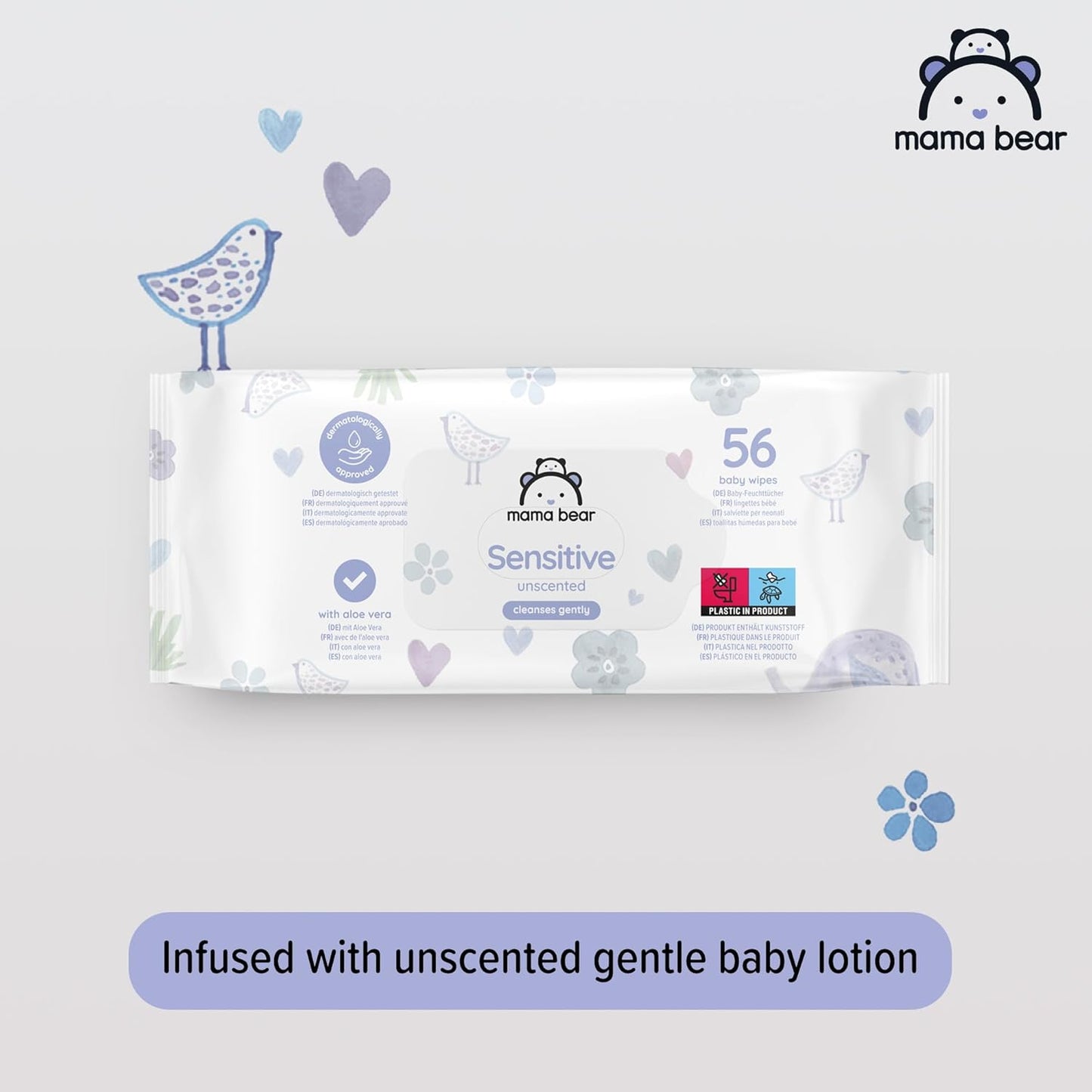 Mama Bear Sensitive Unscented Baby Wipes, 768 Count (12 Packs of 64)