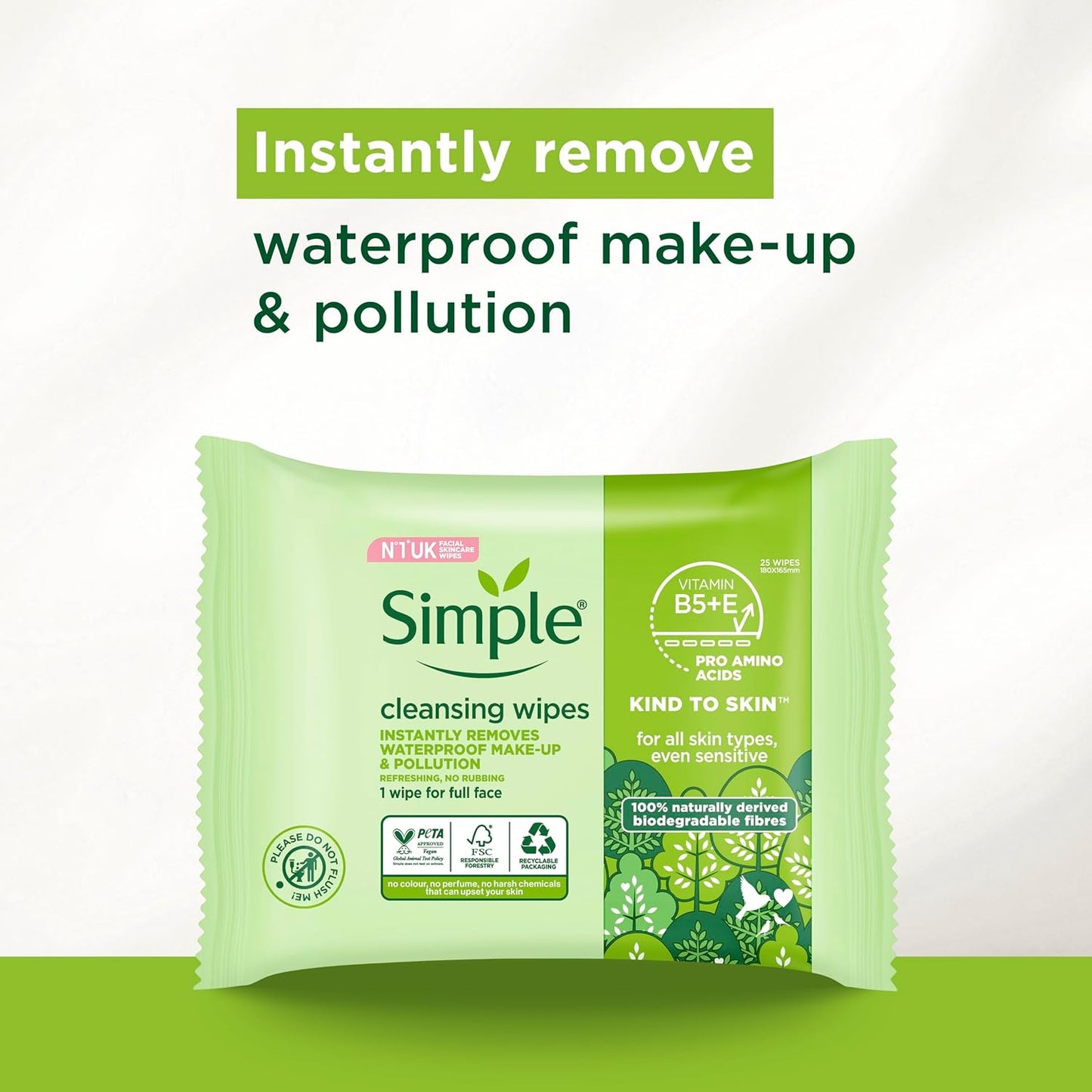 Simple Kind to Skin Biodegradable Cleansing Wipes - 6 Packs of 25 | Removes Waterproof Eye Makeup | Gentle for Sensitive Skin