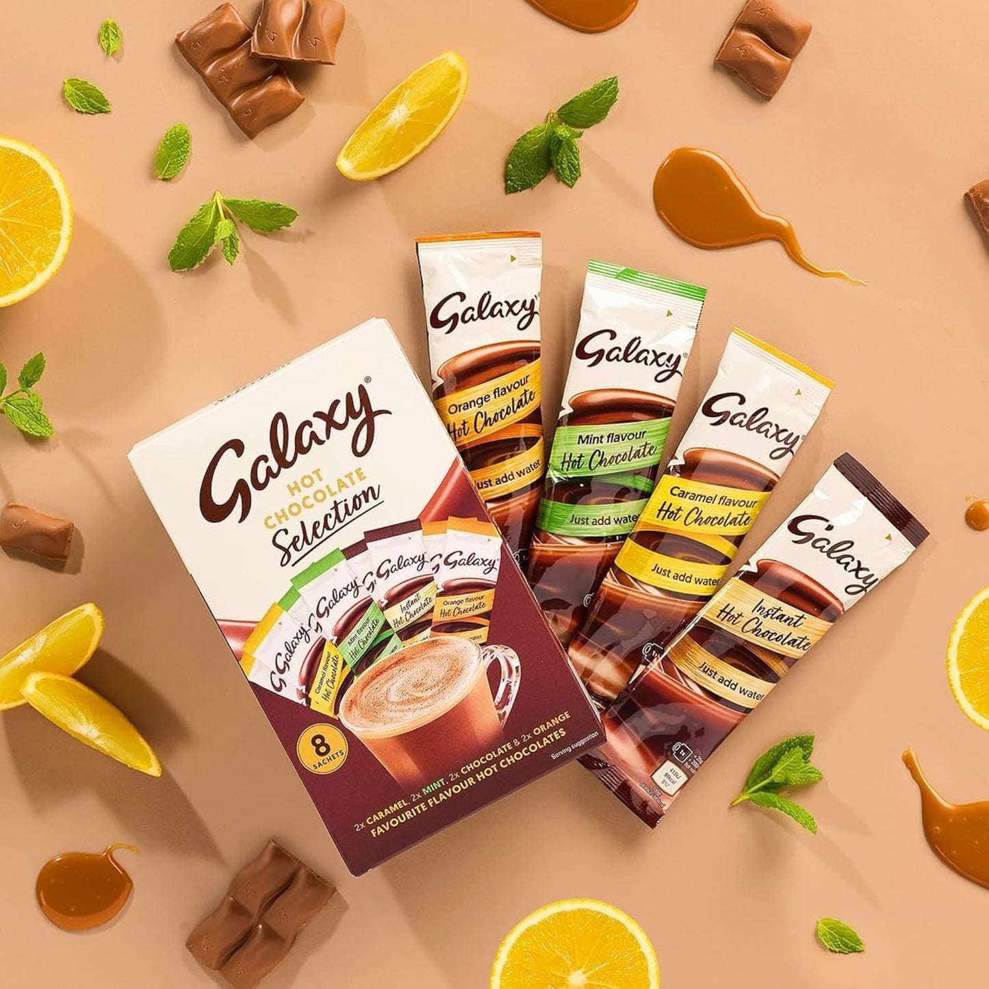 Galaxy Hot Chocolate Multipack Powder Sachets – 8 x 25g Caramel, Mint, Orange & Classic Chocolate with Card – Winter Hot Chocolate Gift Set for Christmas, Birthday & Cozy Nights