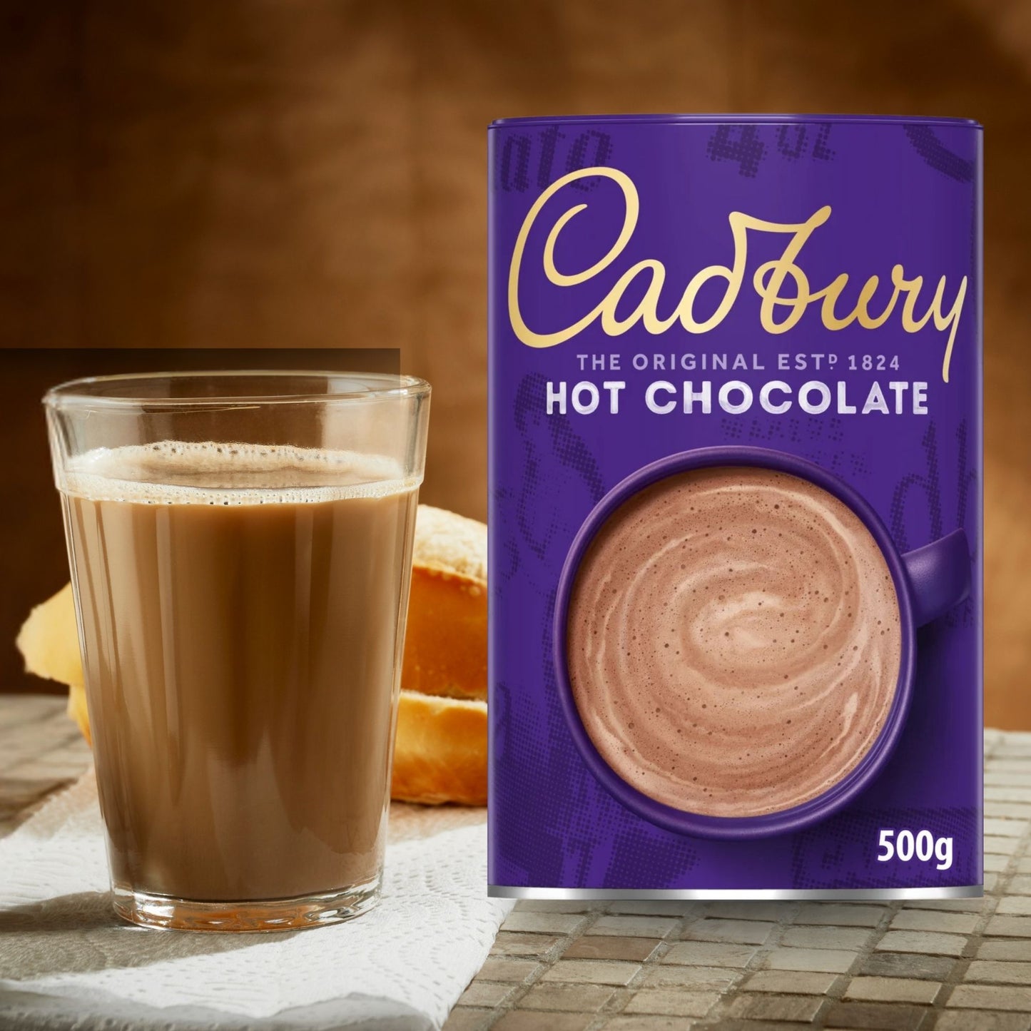 Creamy Cadbury drinking chocolate in a tub