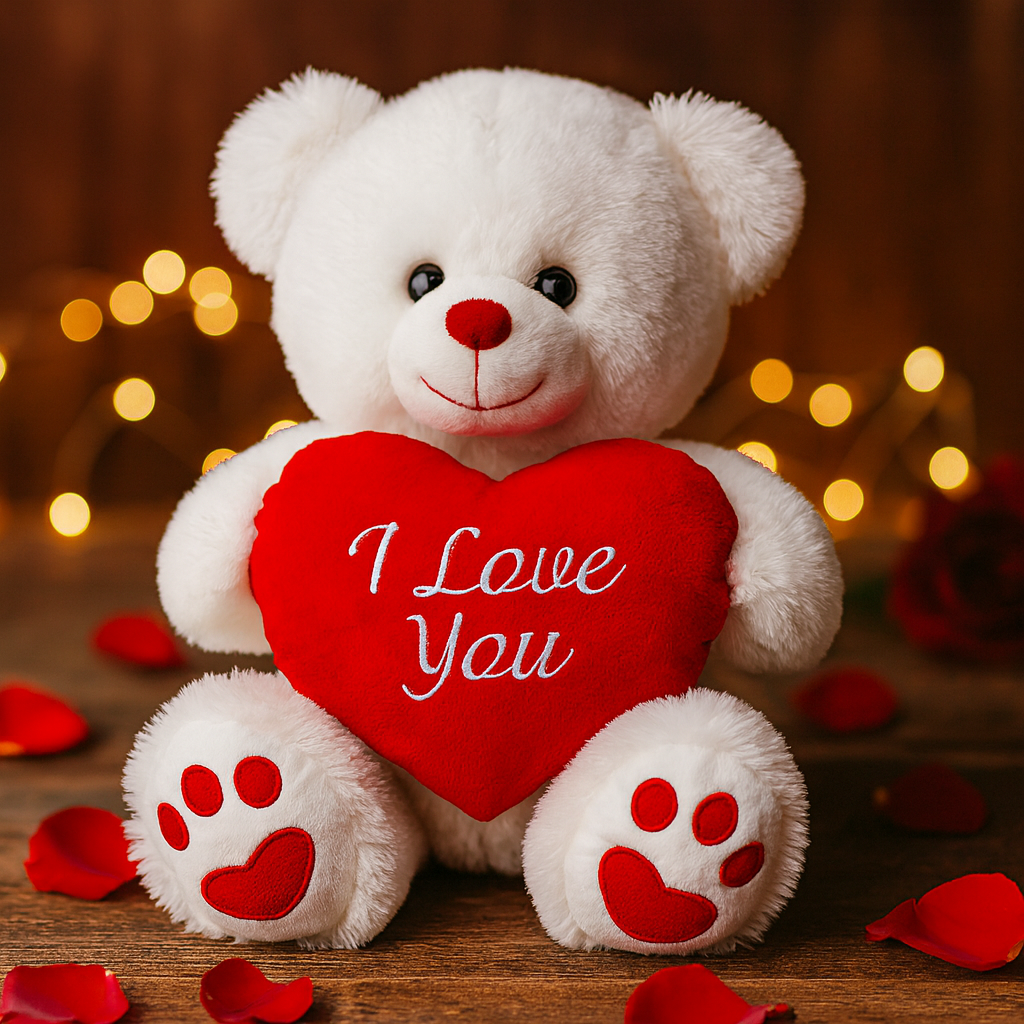Cute white teddy bear plush gift for Valentine’s Day or birthdays