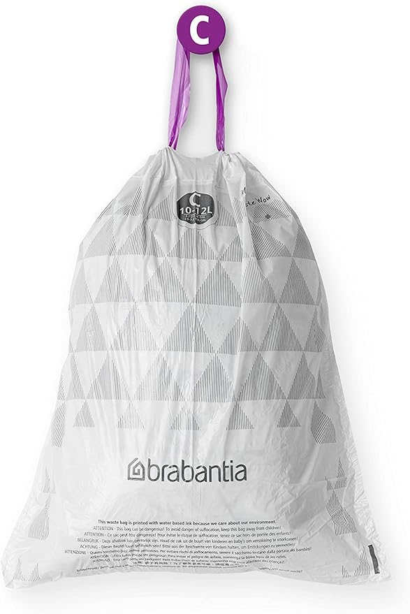 Brabantia Thick Plastic Trash Bags with Tie Tape Drawstring Handles 200 Bags