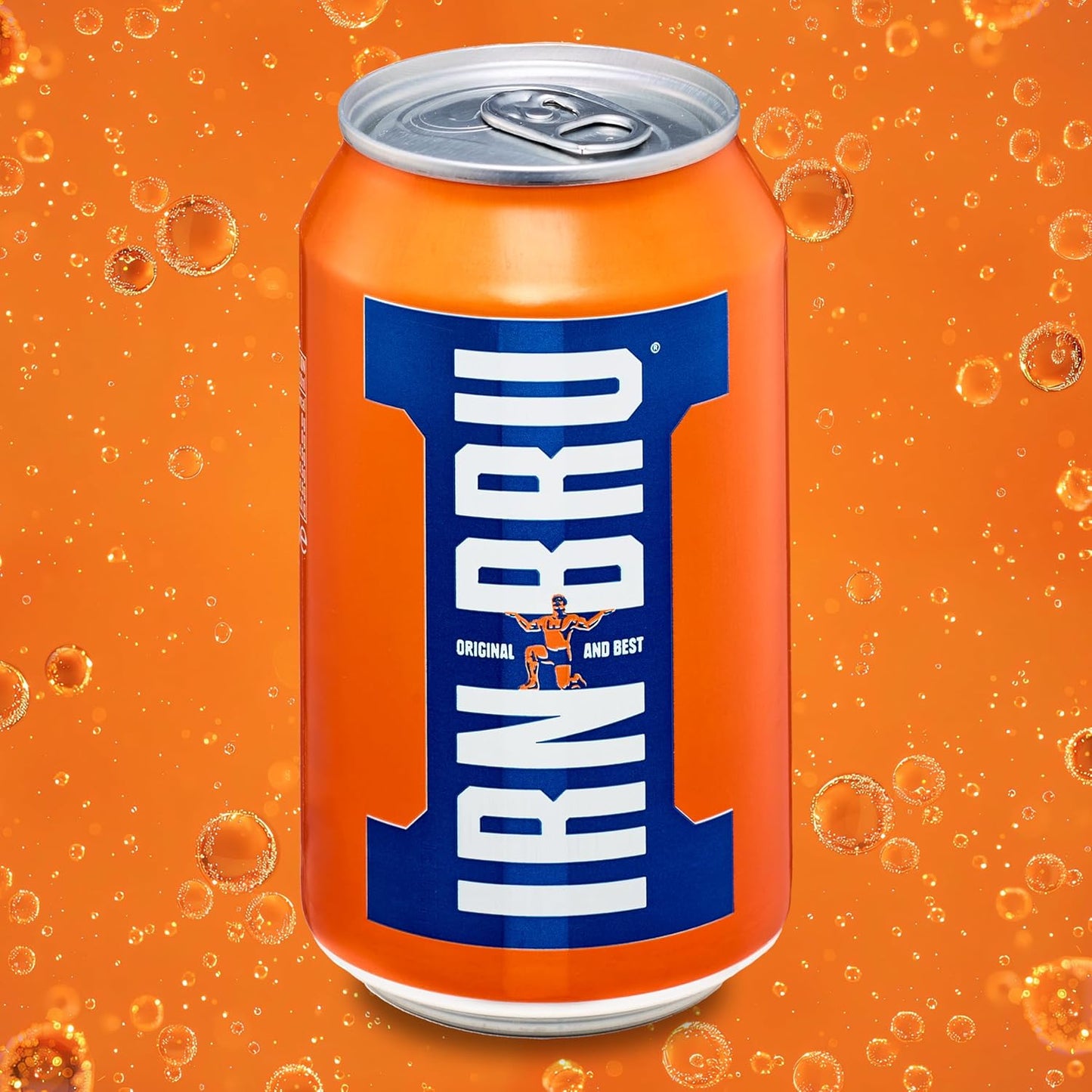 Close-up of IRN-BRU 330ml can with carbonated details and vibrant colors