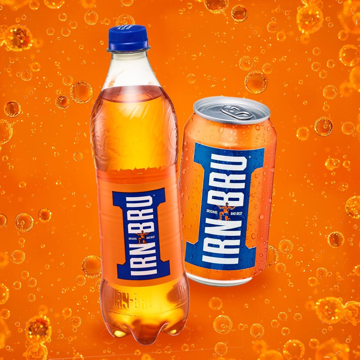 Close-up of IRN-BRU 330ml can with carbonated details and vibrant colors