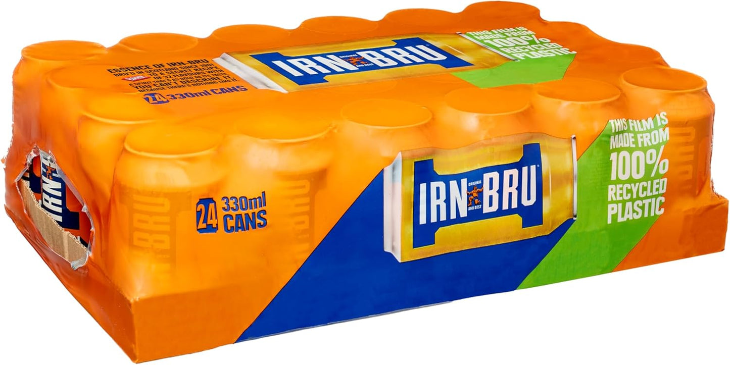IRN-BRU Regular 24 pack of fizzy drink cans with iconic Scottish flavour.