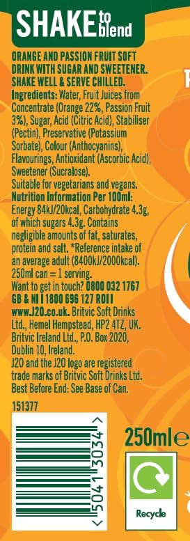 J2O Orange and Passion Fruit juice 250ml cans, 12 pack for fruity refreshment