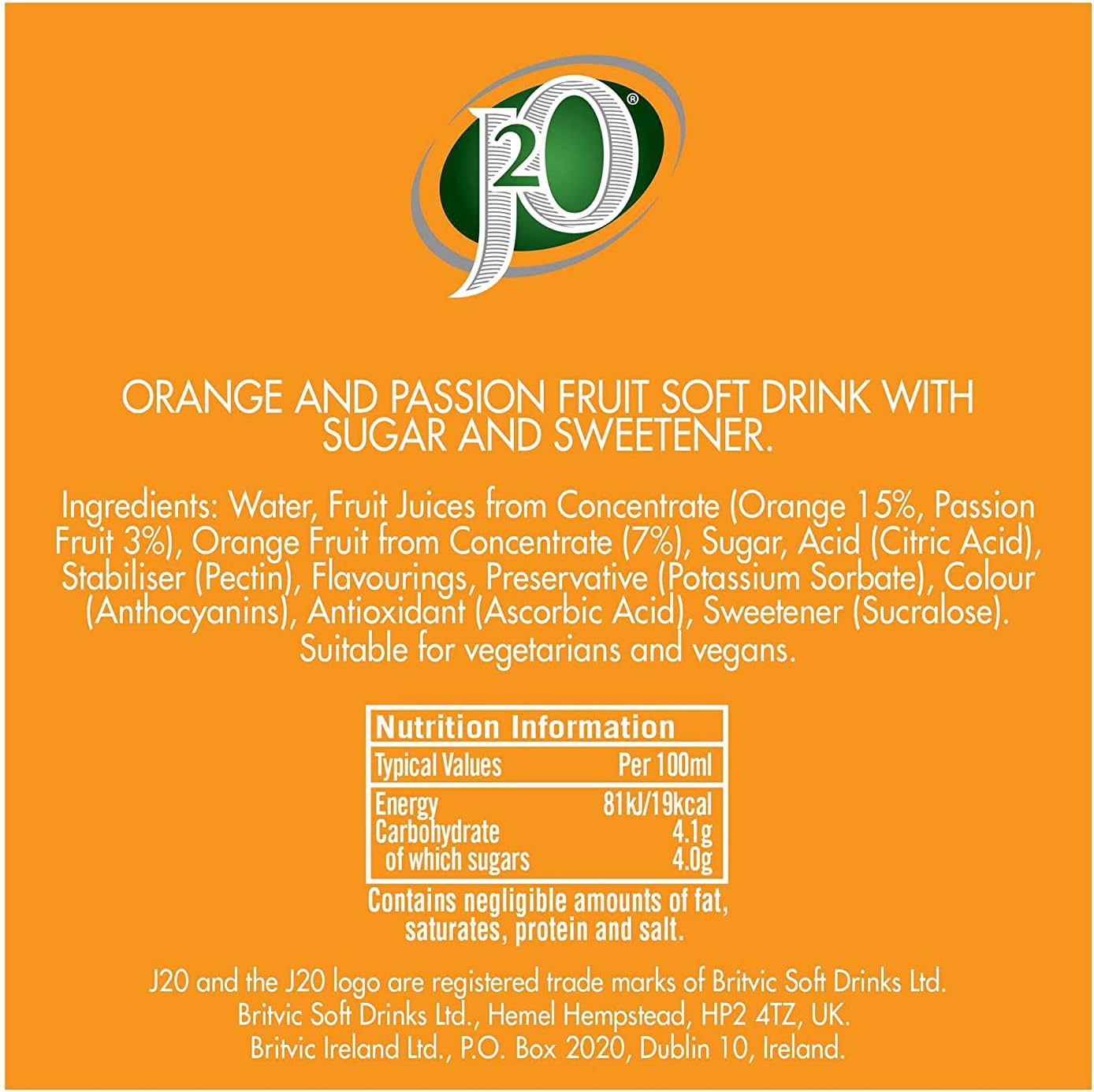 Fruity orange and passion fruit juice drink from J2O