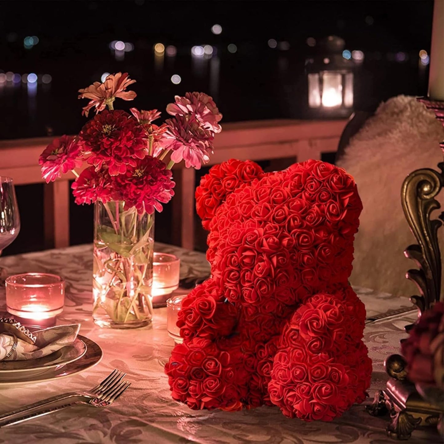 Flower teddy bear in romantic gift box with card