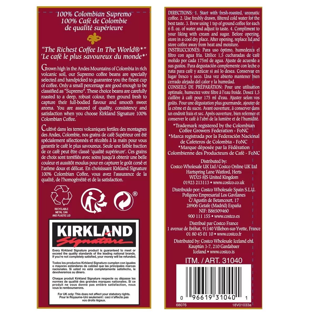 Kirkland Signature 100% Colombian Ground Filter Coffee, 1.362kg label