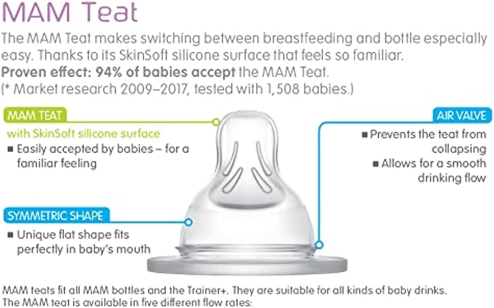 MAM Baby Bottle Teats with SkinSoft Silicone - Size 2 Medium Flow - Suitable for Babies 2 Months and Older