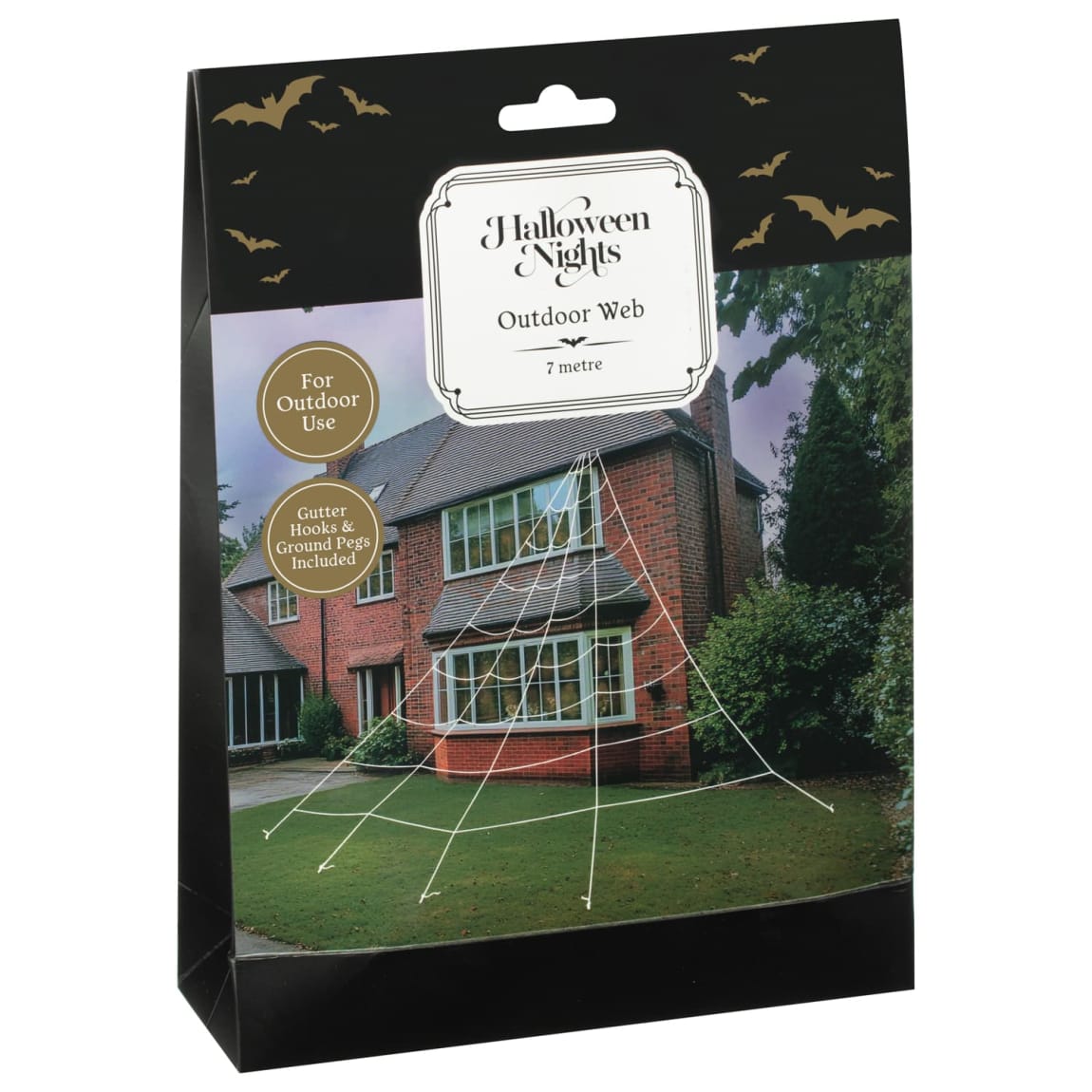 7-metre Halloween web decoration with gutter hooks and pegs