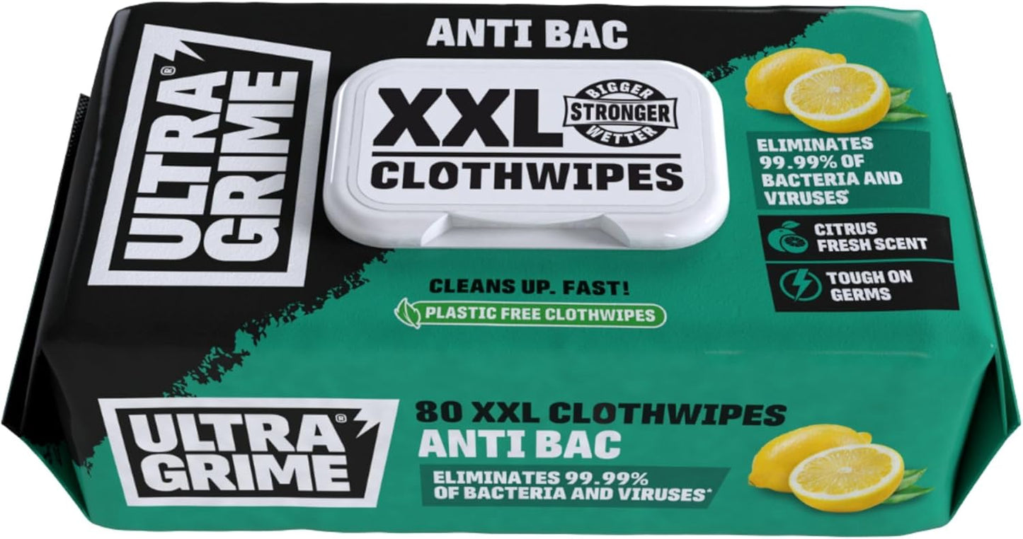 UltraGrime Antibac Wipes Packaging - 80 Large, Thick Wipes for Antibacterial Cleaning