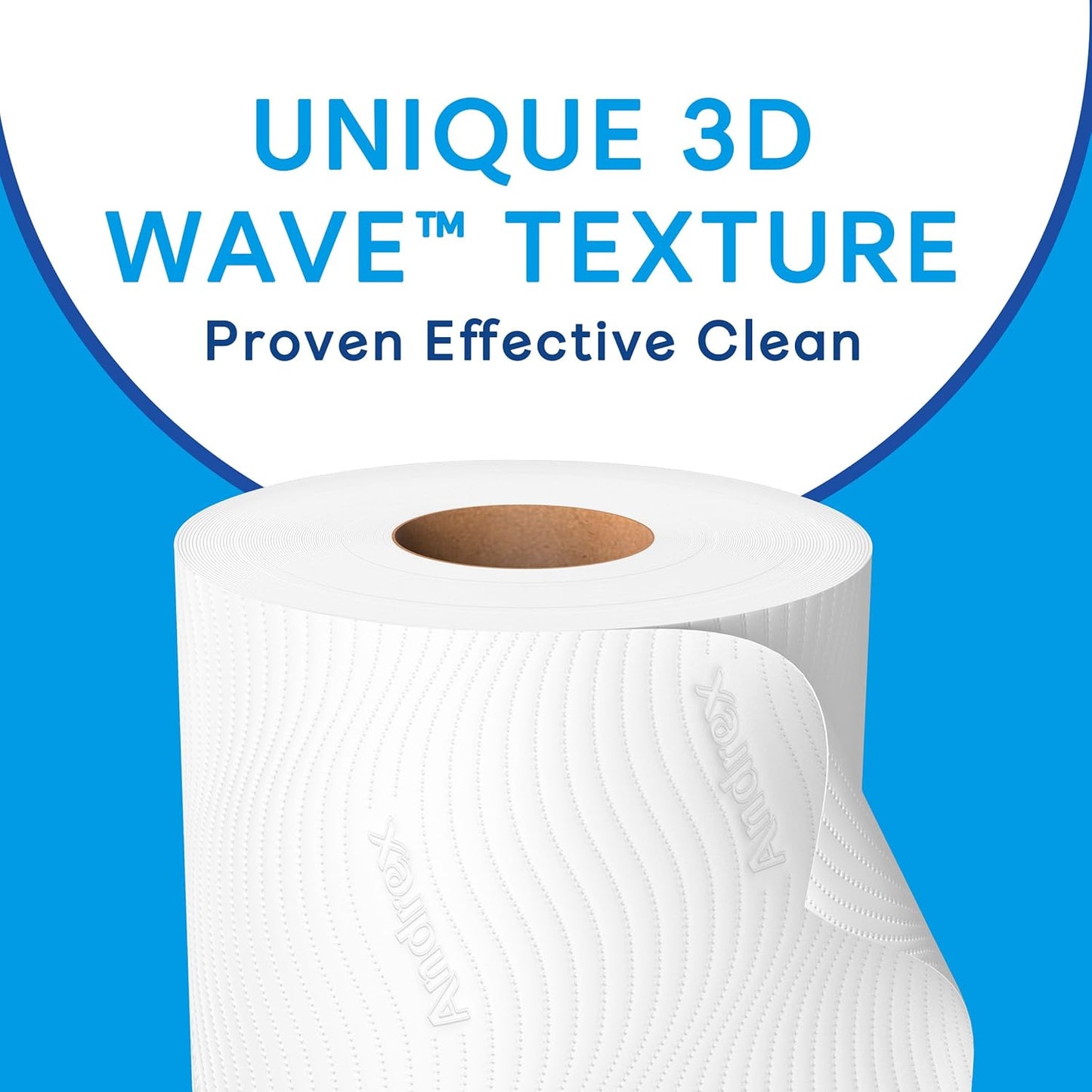 Close-up of Andrex toilet tissue showing unique 3D Wave texture for a superior clean
