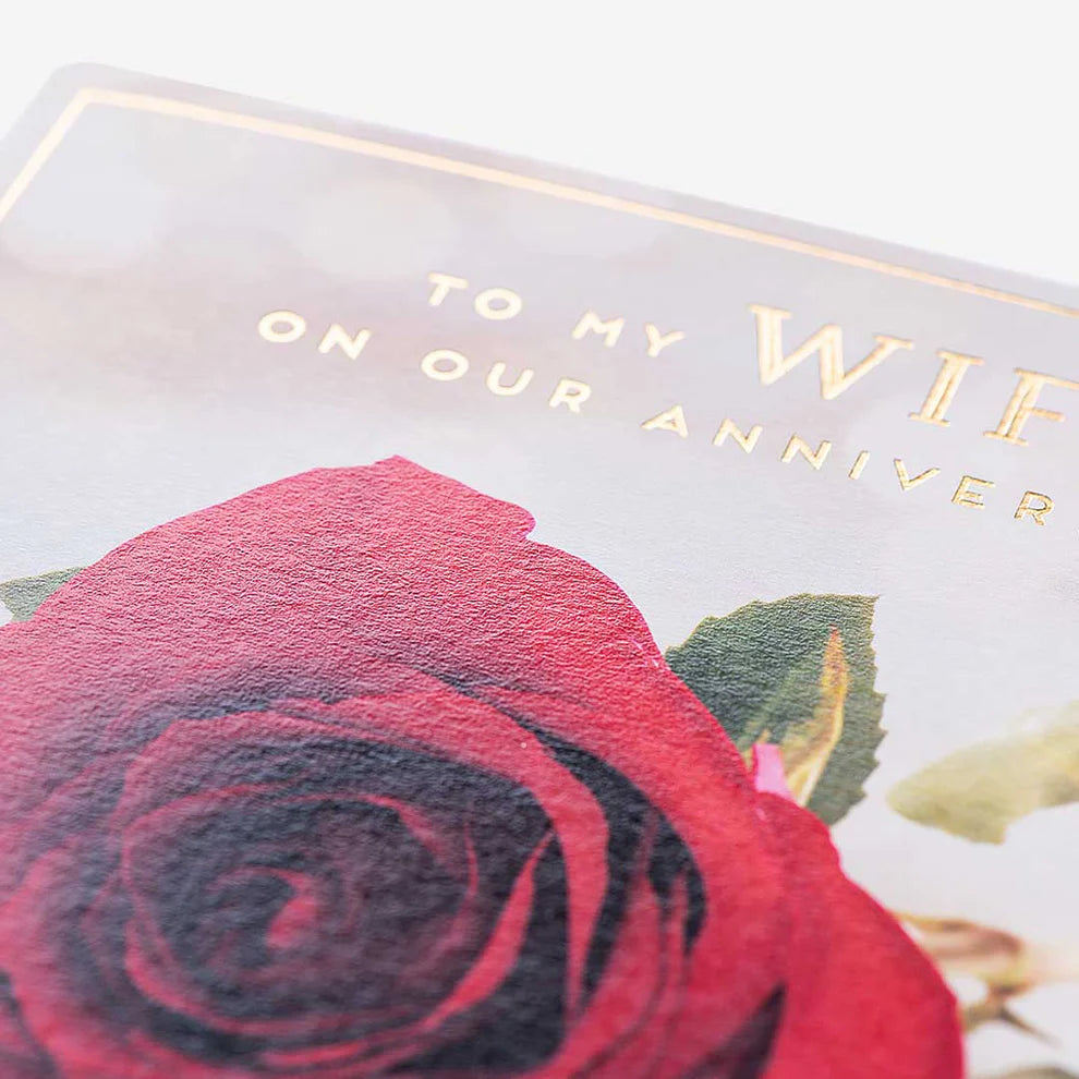 Beautiful anniversary card featuring red roses perfect for expressing love to wife