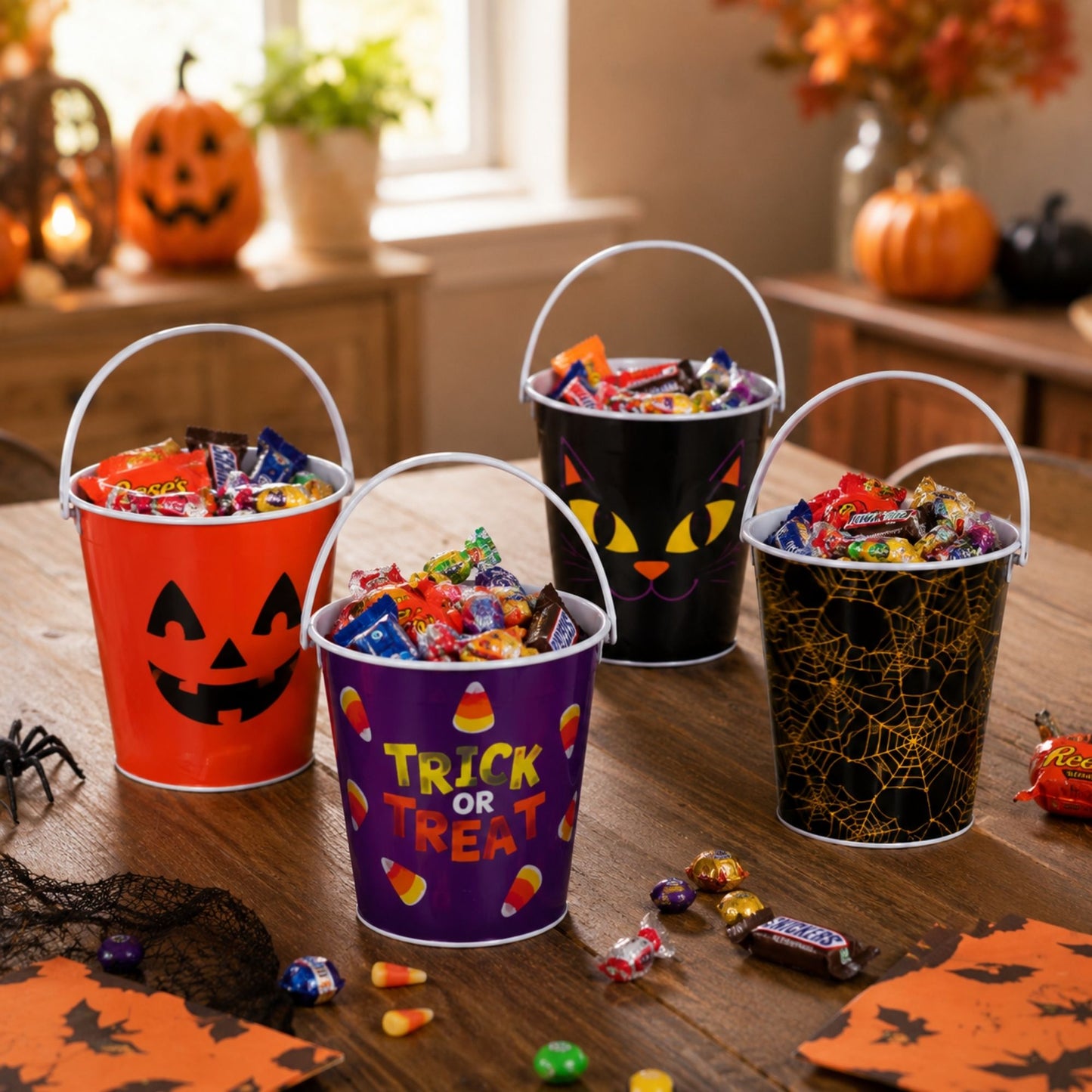 Assorted Halloween treat buckets with printed designs