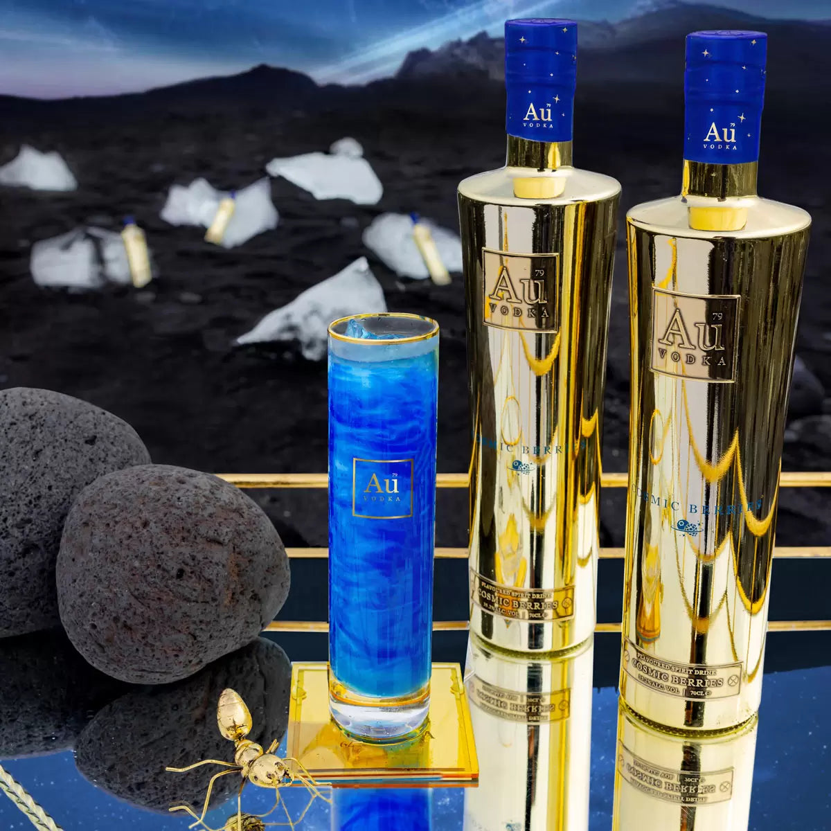 AU Vodka Cosmic Berries 70cl bottle captured at an angle to emphasize the design