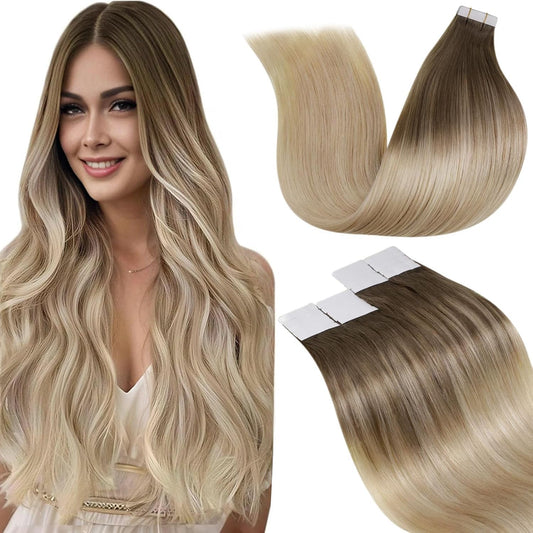 Tape in human hair extensions balayage brown to ash blonde