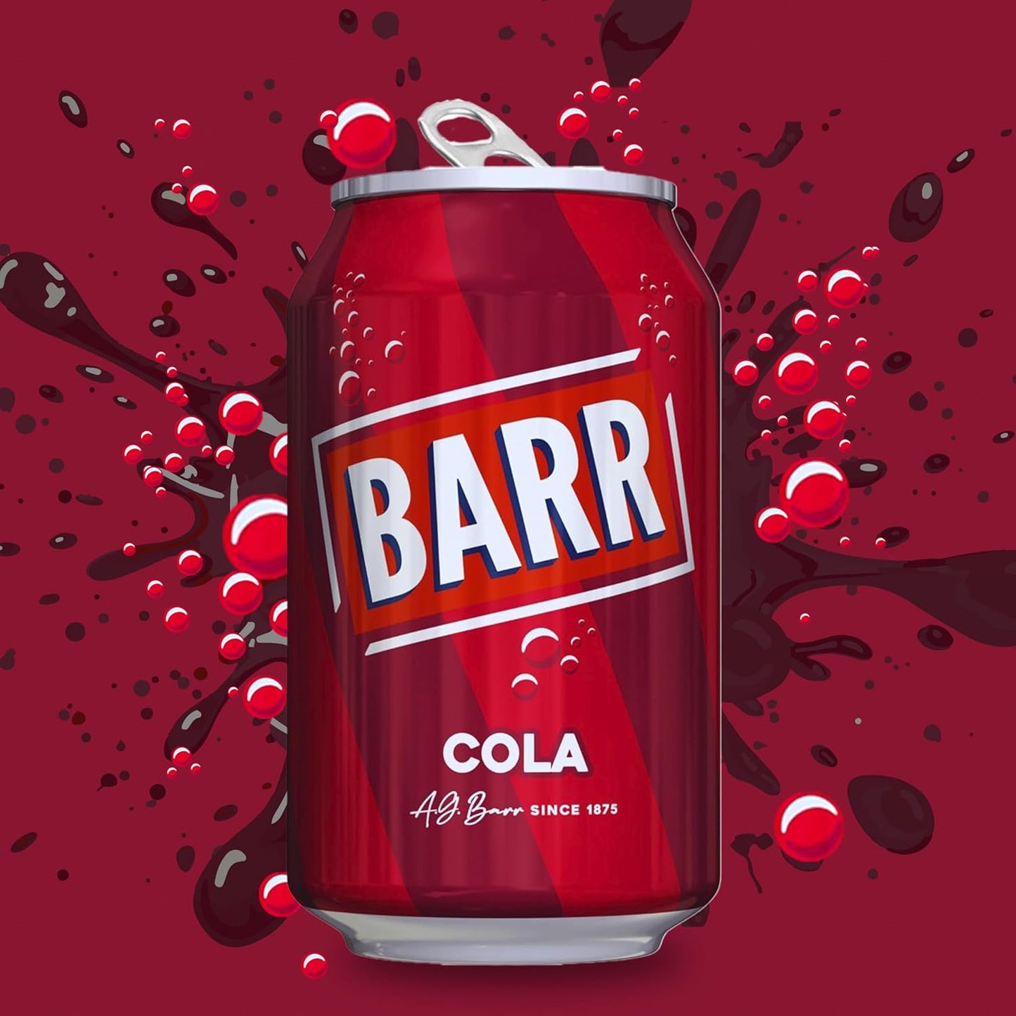 BARR Classic Cola 24 Pack, Low Sugar, Side View, Fizzingly Fun, Cola Cans