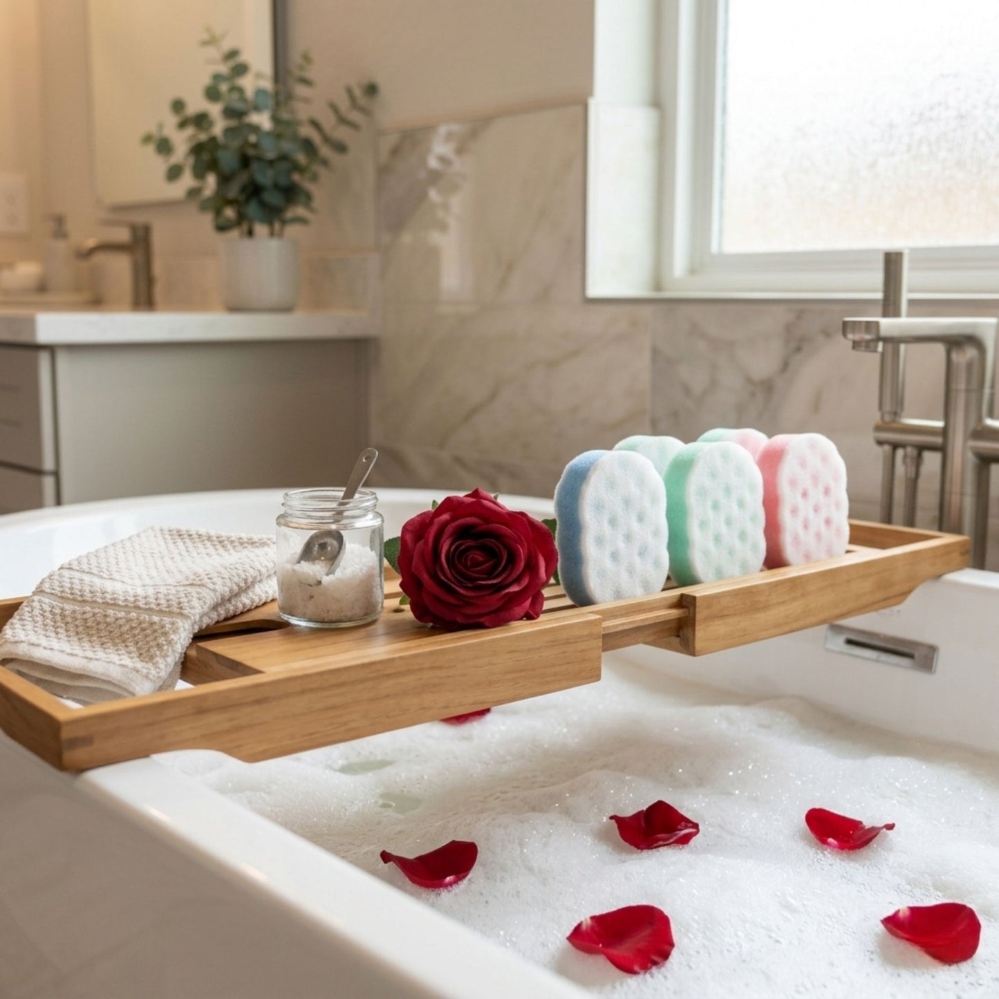 Spa style bath set with sponges and rose soaps
