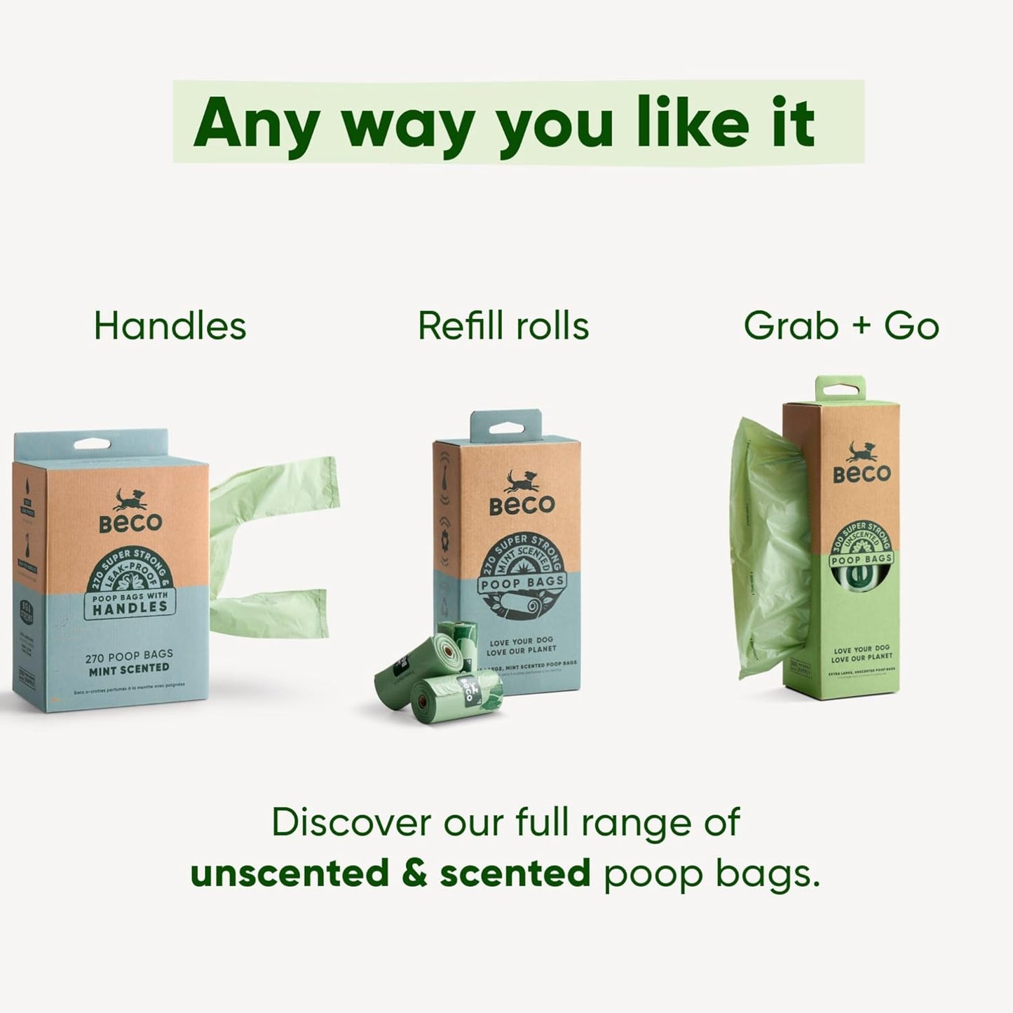 Beco dog poop bags refill rolls – 270 unscented and scented