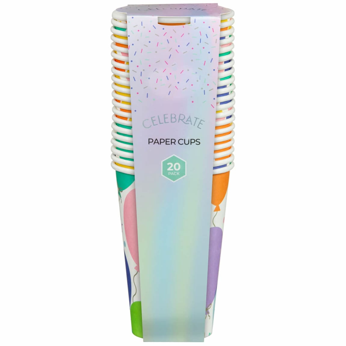 Birthday party cups with colorful balloons