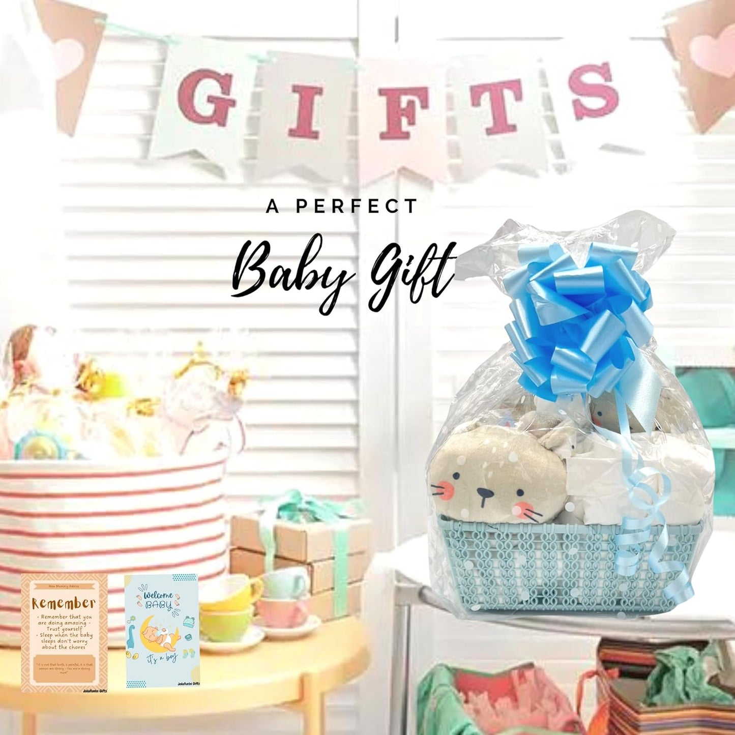 Blue baby hamper for boys with plush toy