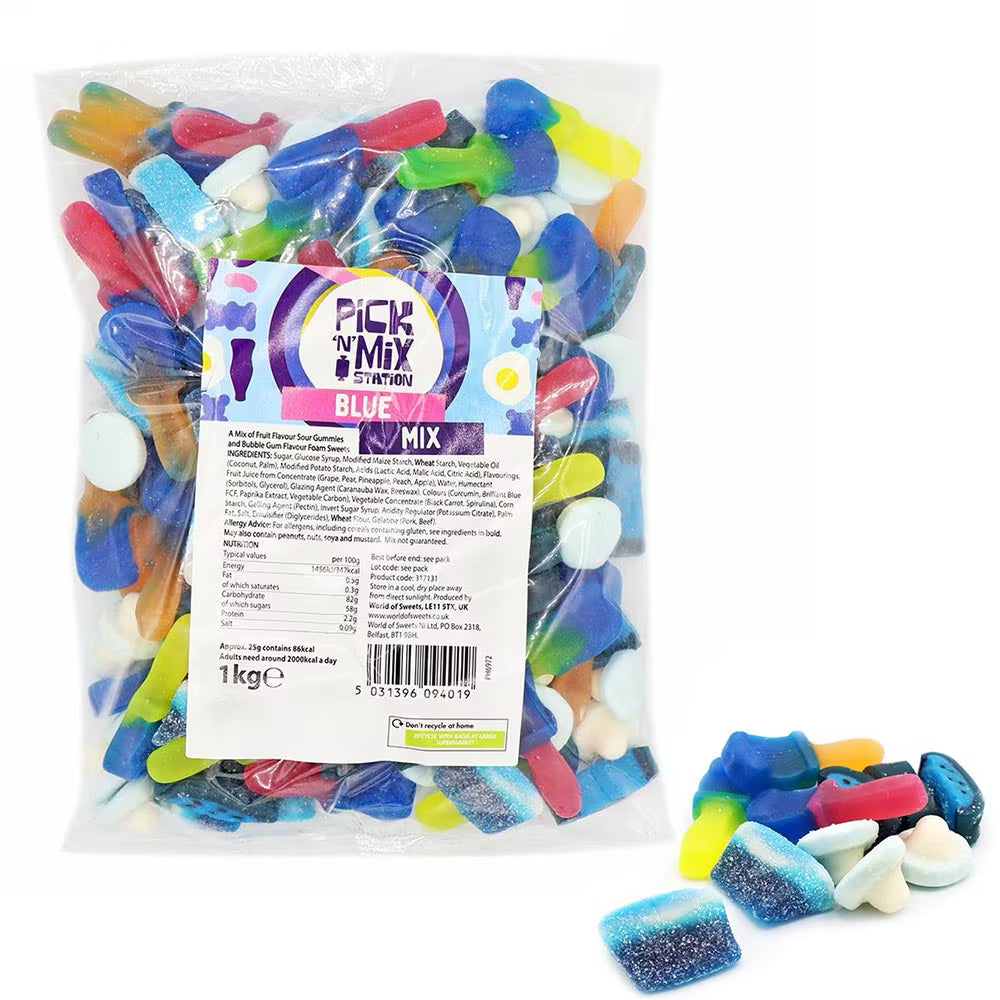Assorted sour gummies and bubblegum foam sweets 1kg mix