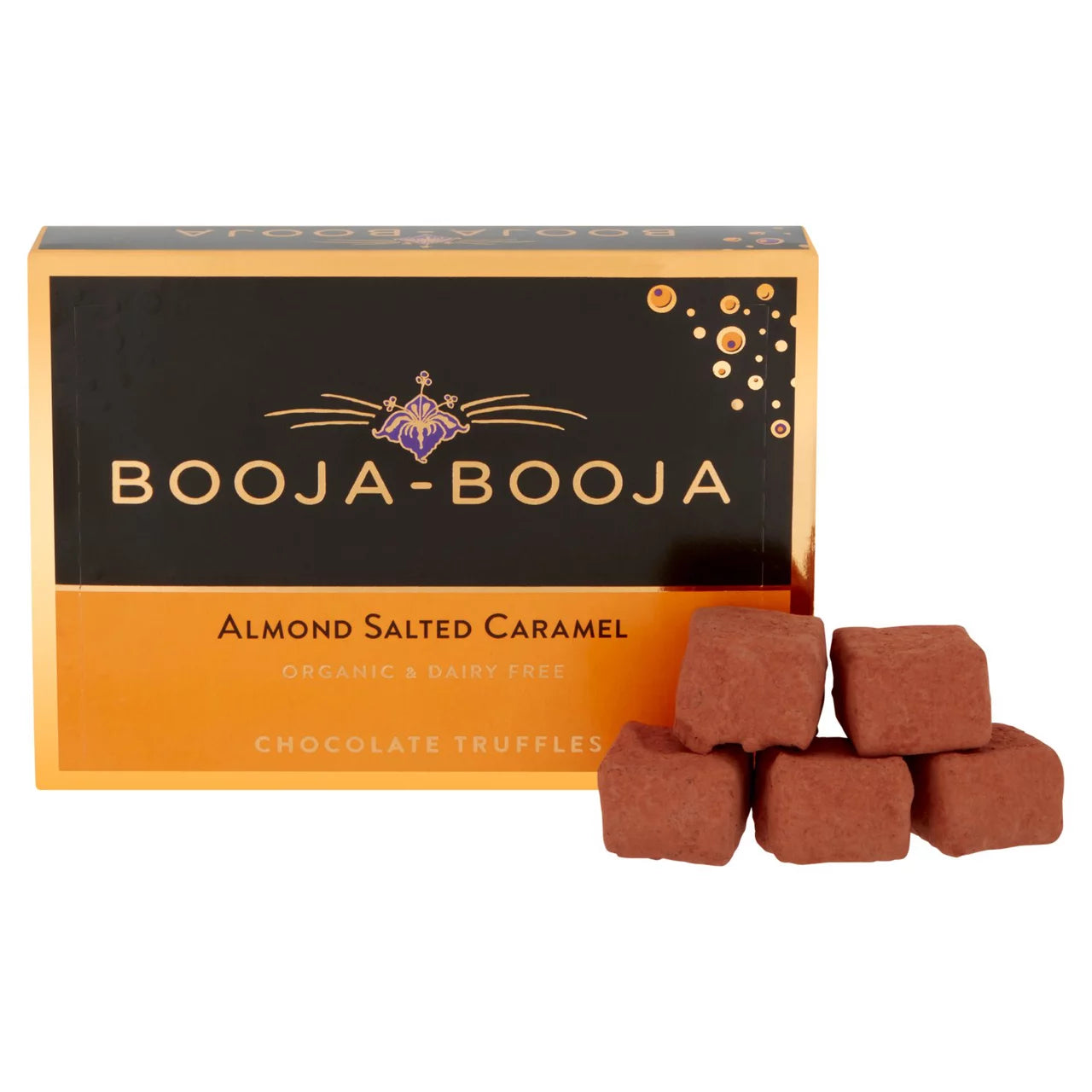 lose-up of Booja Almond Salted Caramel showing caramel and almond filling
