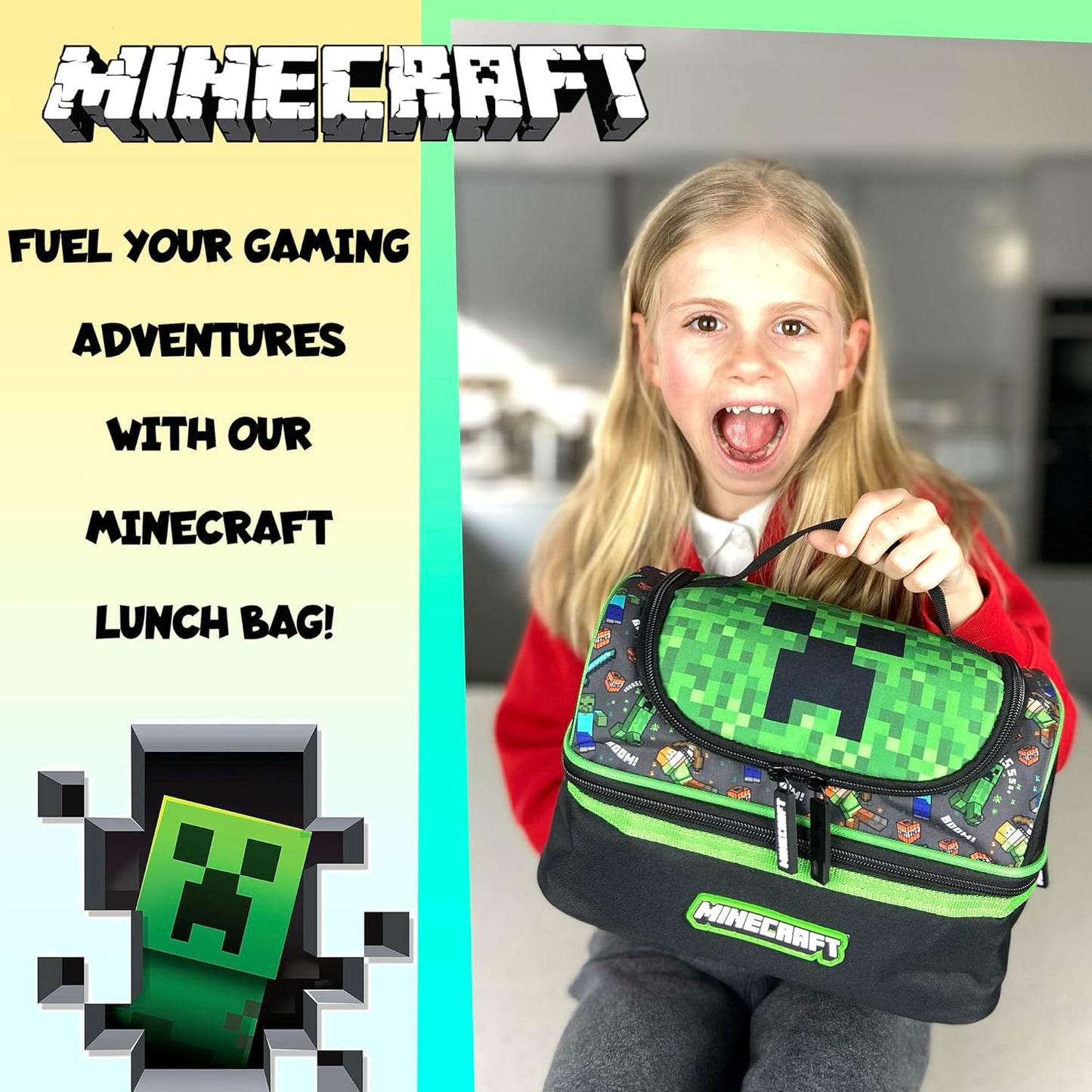 Kids’ Minecraft thermal lunch carrier with two compartments