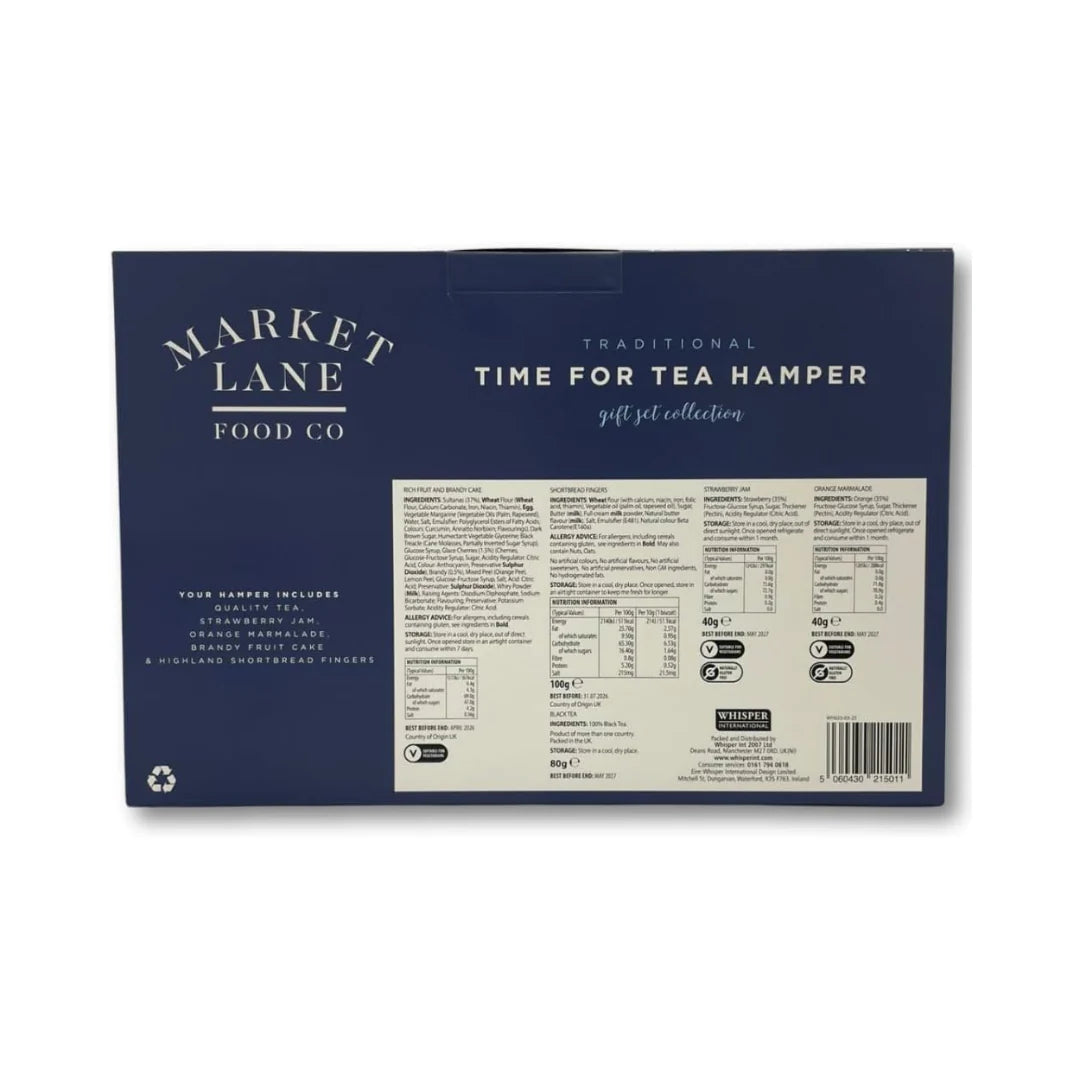 Complete tea hamper with Quality Tea, Strawberry Jam, Orange Marmalade, Fruit Cake, and Shortbread