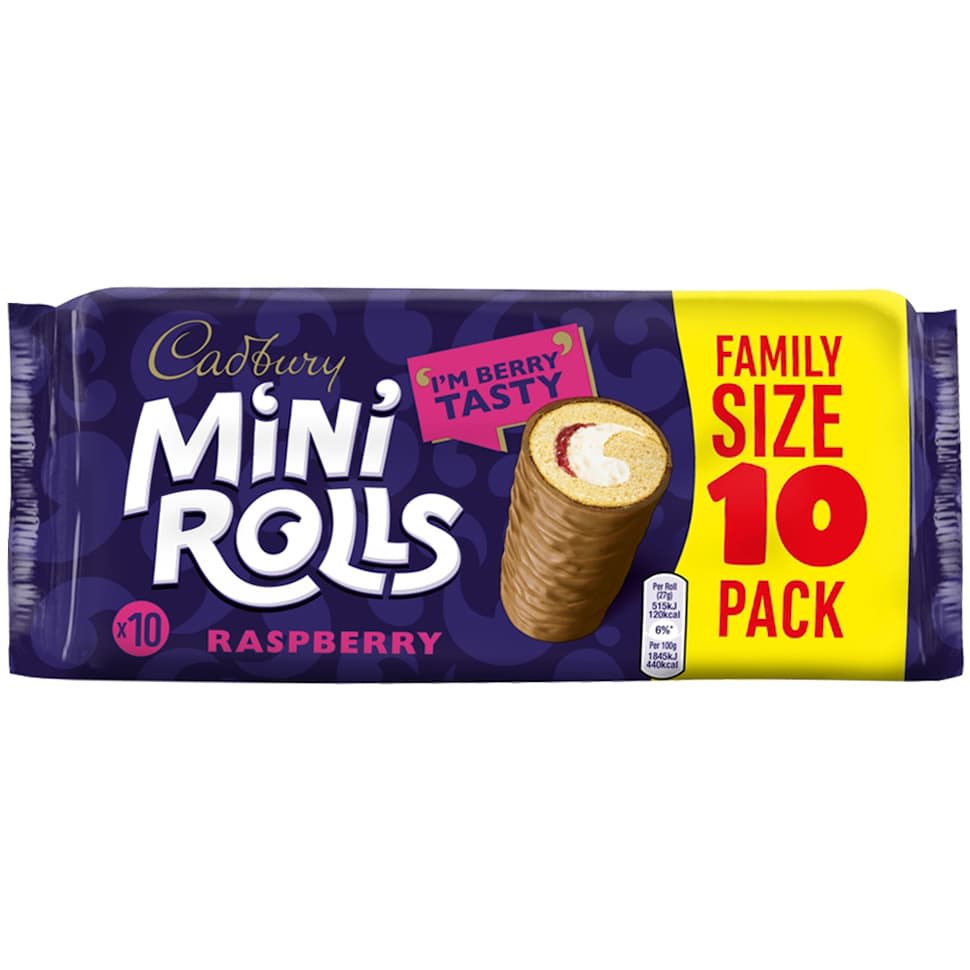 Cadbury Mini Rolls Raspberry 10pk chocolate sponge rolls with berry filling