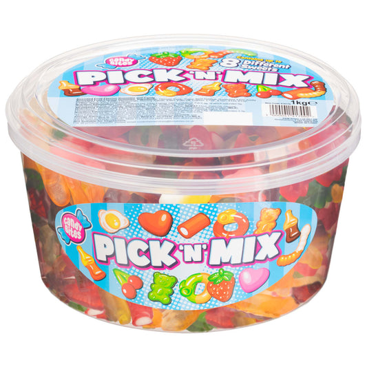 Candy Bites Pick 'N' Mix Tub 1kg with assorted fruity gummies and chewy sweets