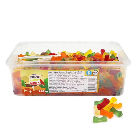 Candy Realms Gummy Bones 1.02kg bulk tub fruit-flavoured gummies