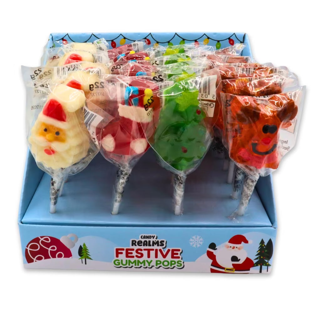 Festive Candy Realms fruity lollipops in holiday designs