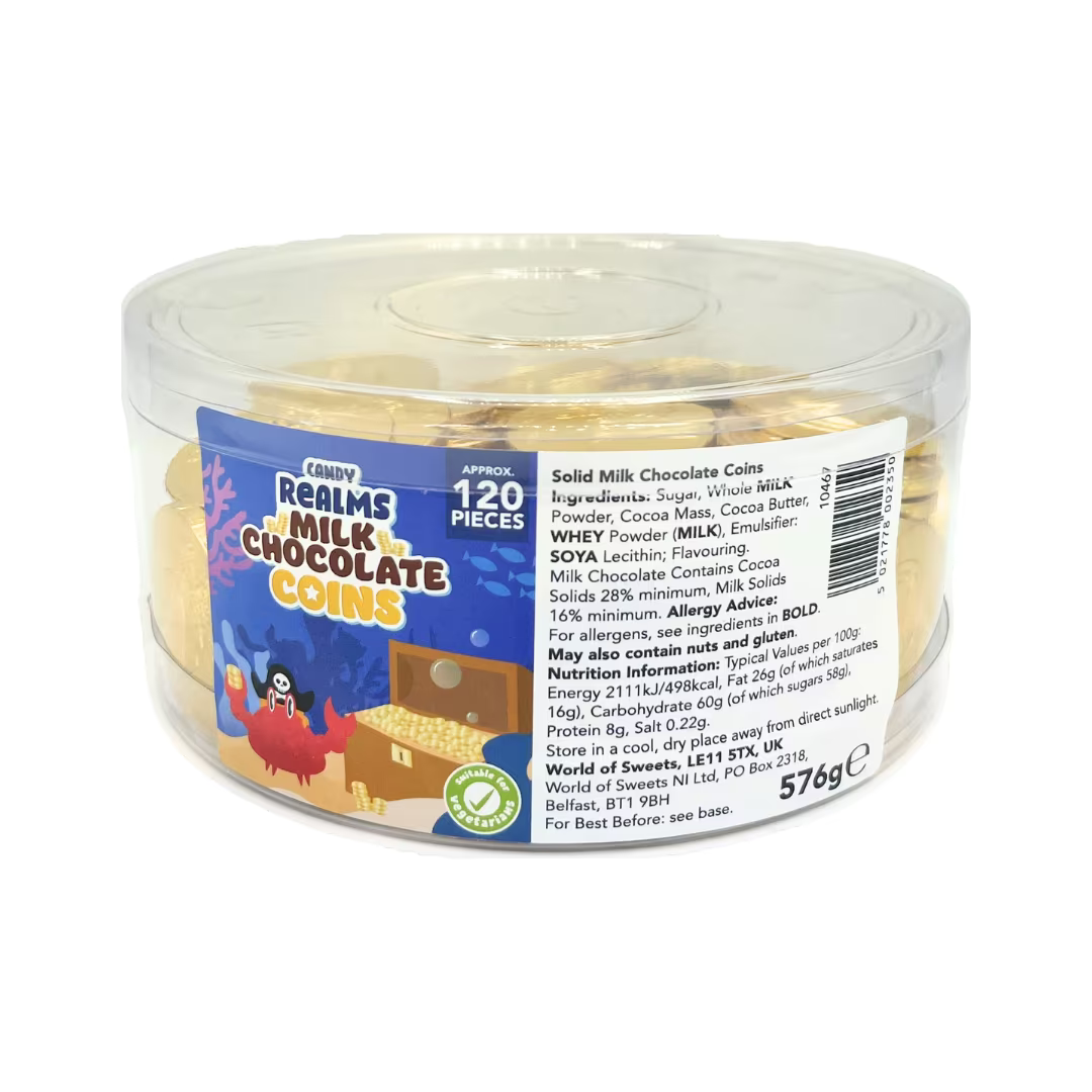 Solid milk chocolate coins in 576g tub