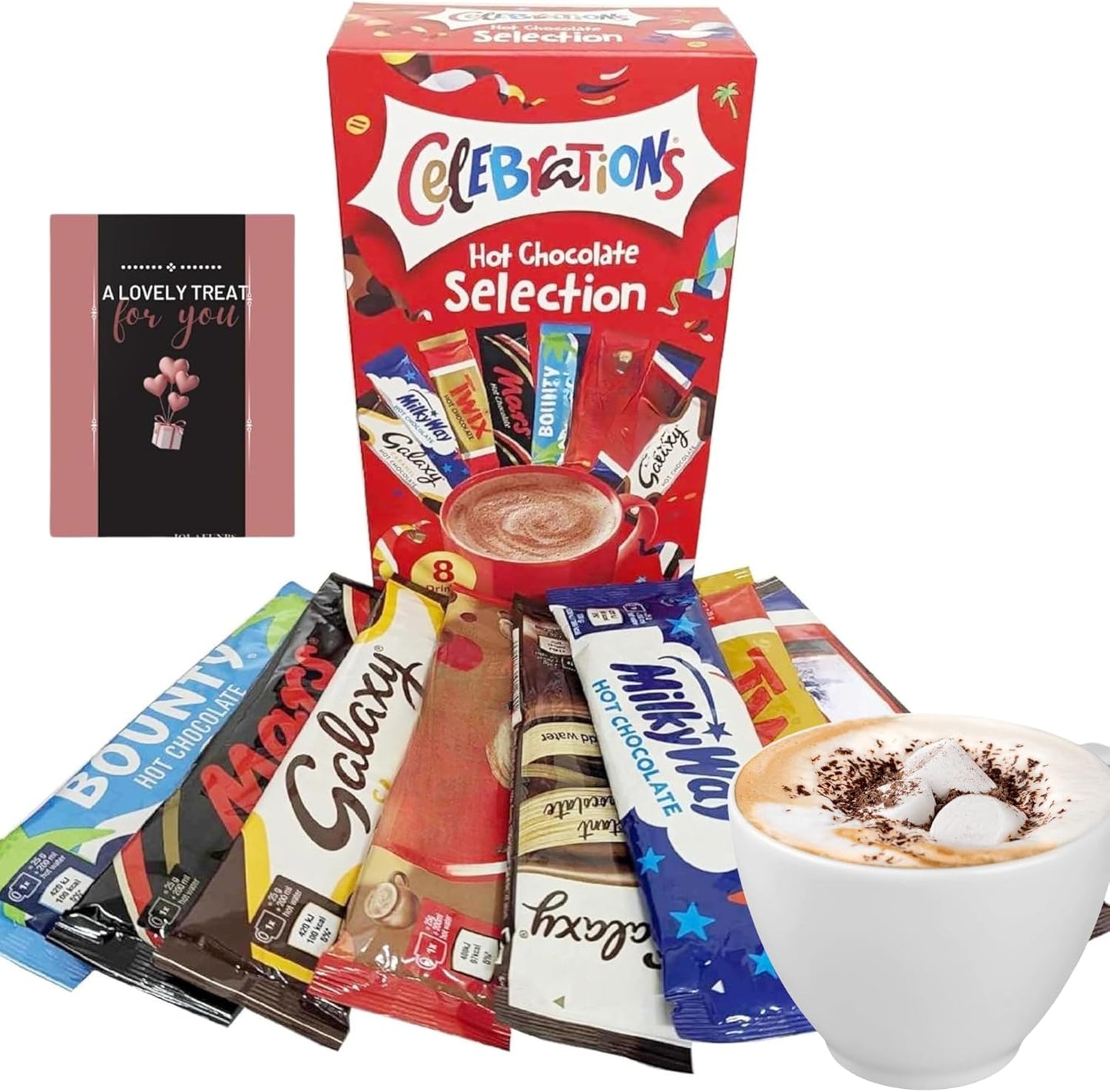 Celebration Hot Chocolate Gift Set packaging with 8 premium cocoa sachets and greeting card