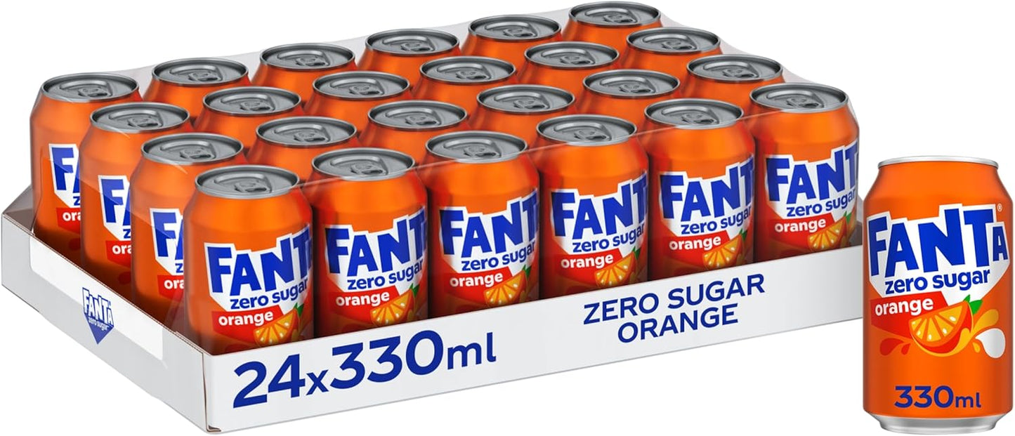 Ice-cold Fanta Zero Orange cans arranged for a summer-ready, refreshing vibe