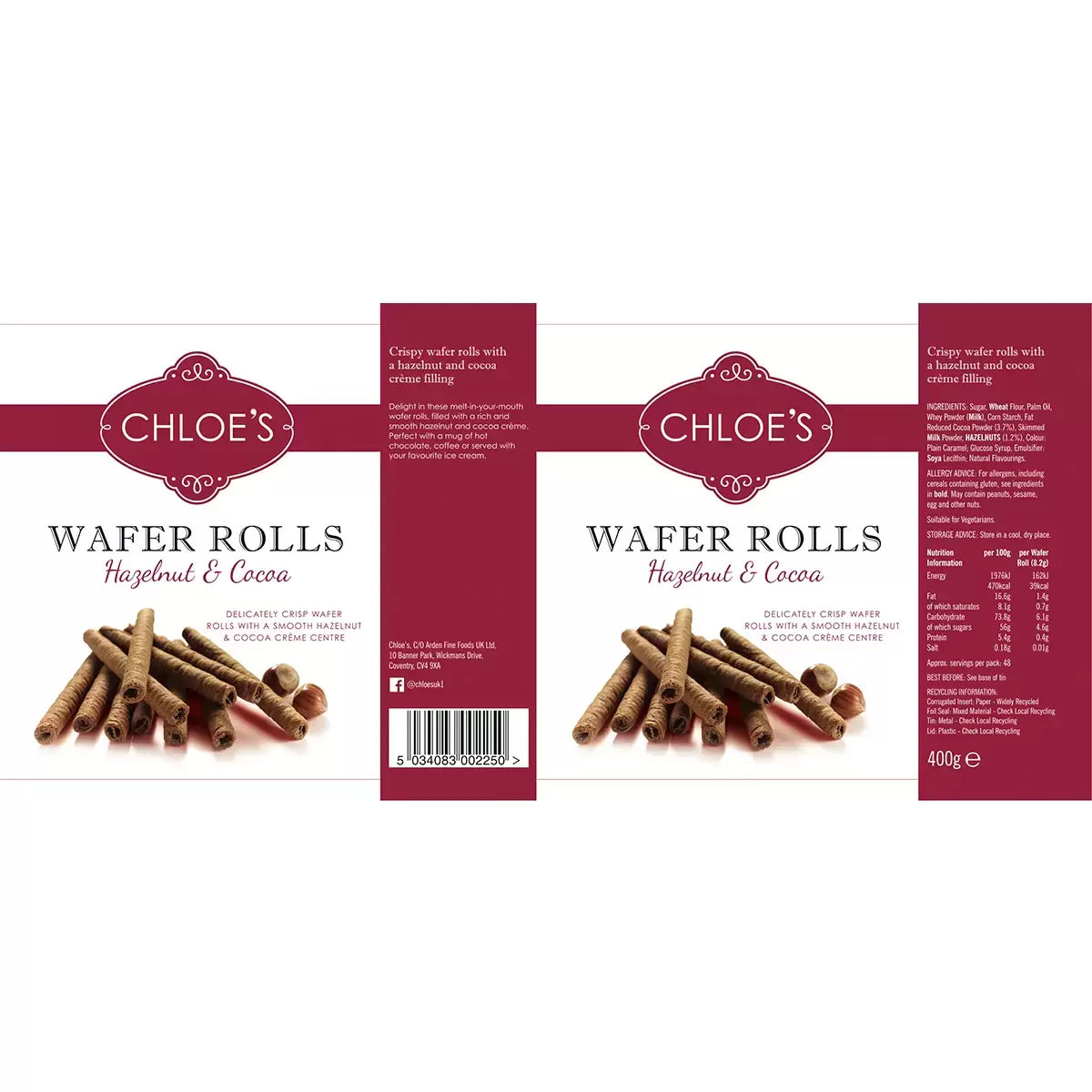 Chloe's Hazelnut & Cocoa Wafer Rolls – 2 x 400g – Side Elegant View