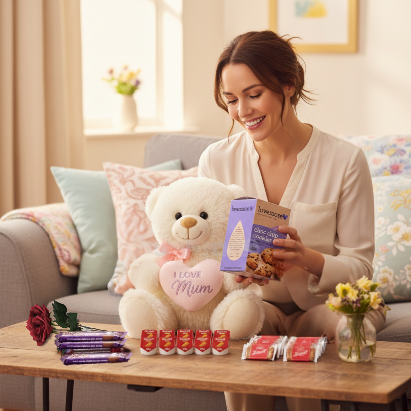 Mothers Day hamper filled with chocolate biscuits and teddy