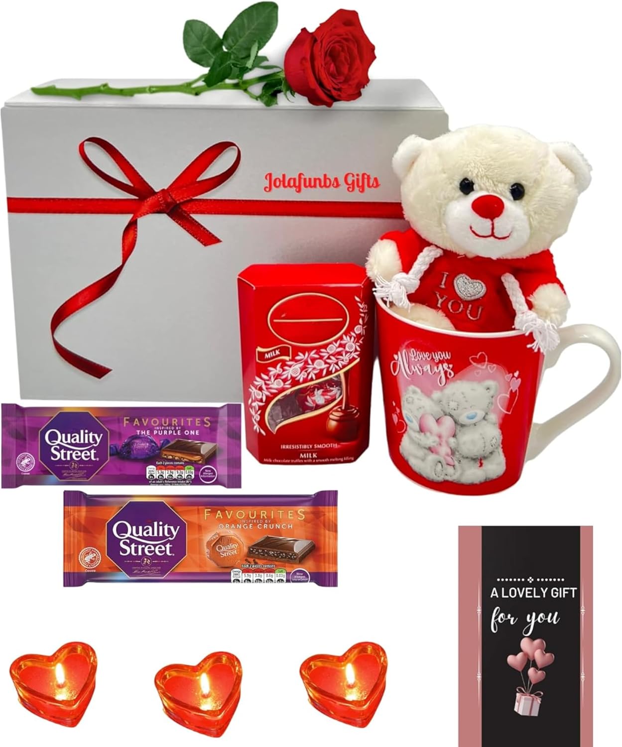 Chocolate Hamper Gift Box with chocolates, Quality Street bars, teddy, mug, heart candle, and greeting card