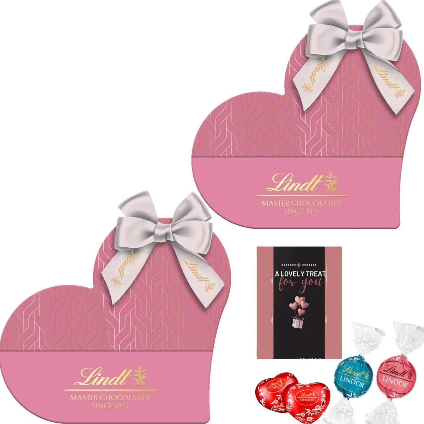 Two assorted chocolate truffle heart boxes tied with pink ribbons, perfect gift set