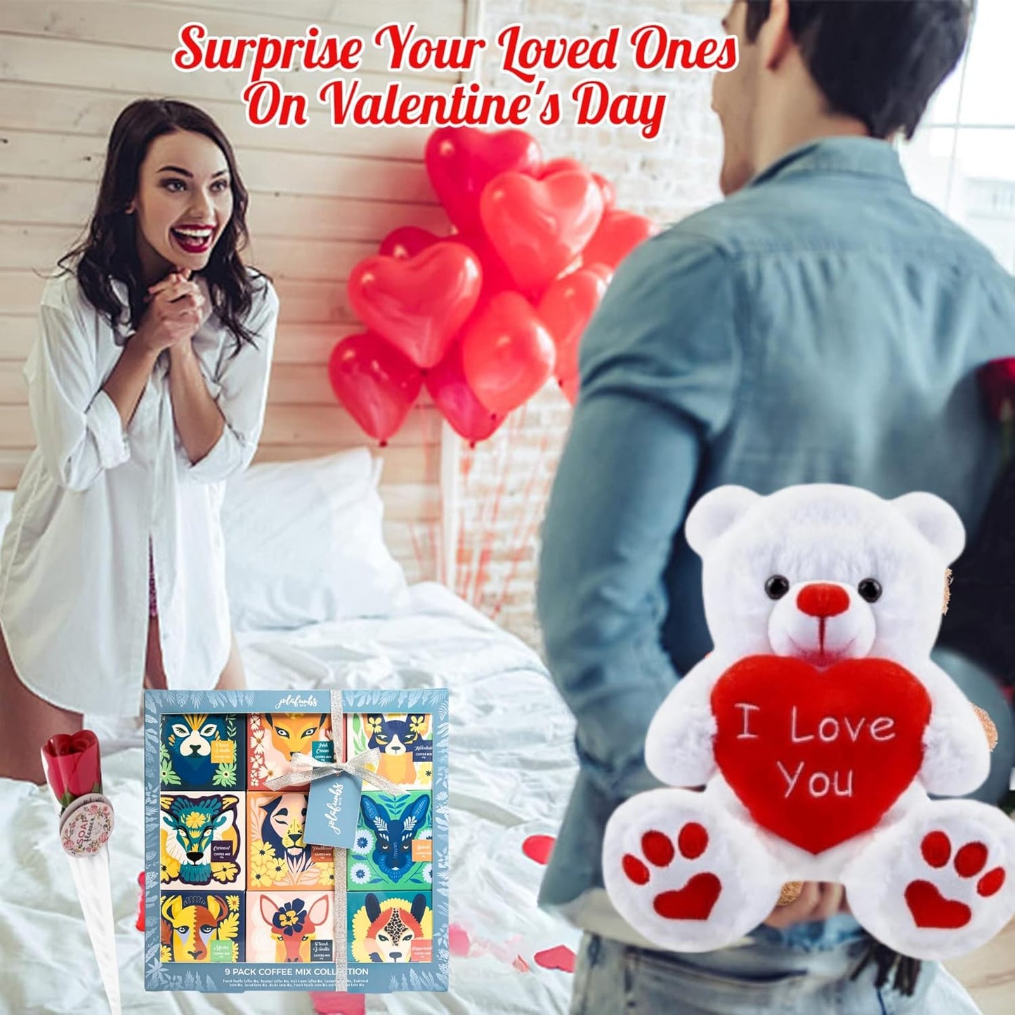 Instant coffee gift box with flower, teddy, and greeting card