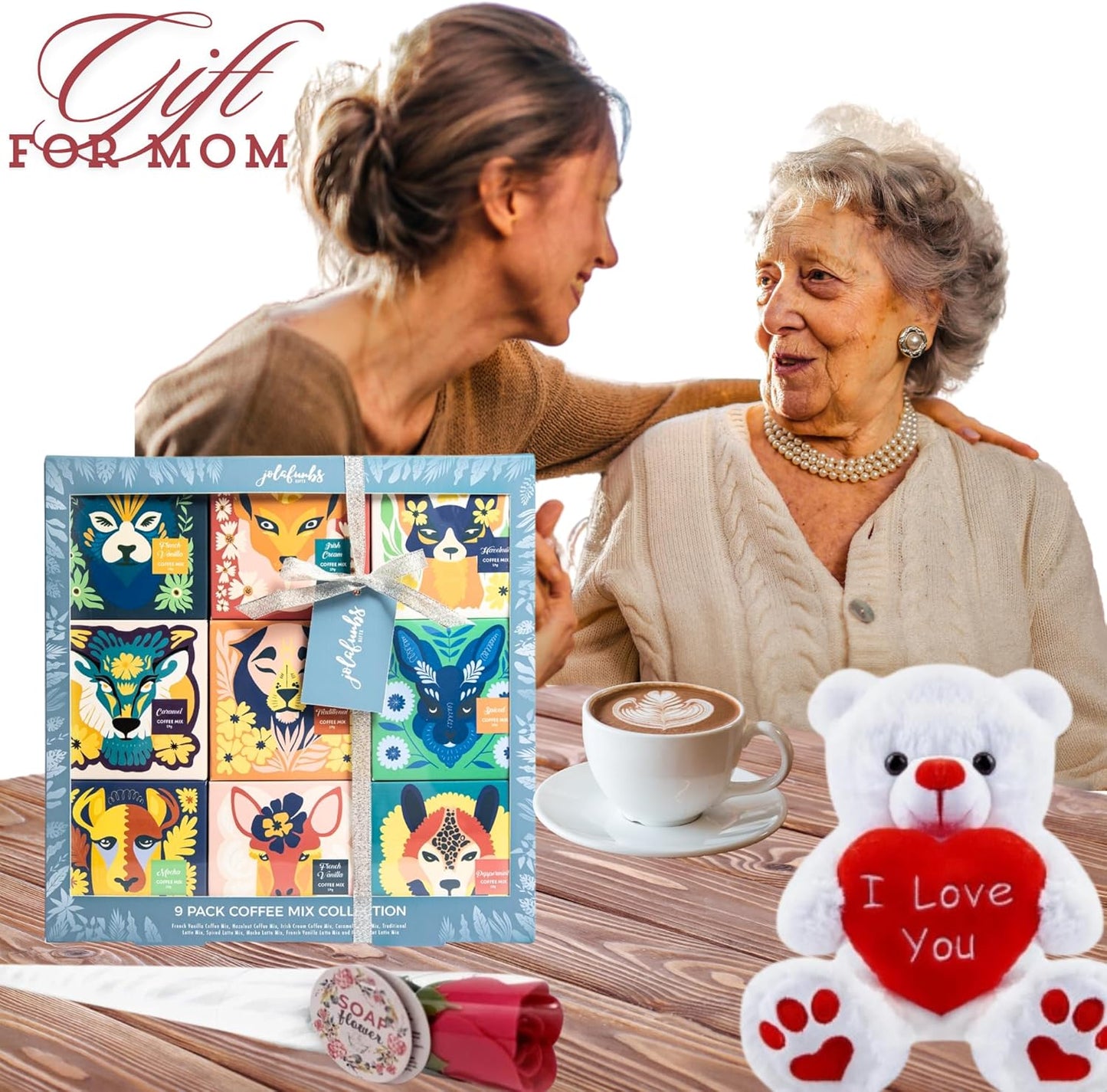 Special occasion coffee gift set for parents with teddy bear