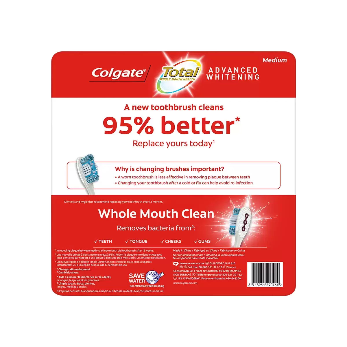 Colgate Total Whitening Medium Toothbrush, 8 pack for bright and clean teeth