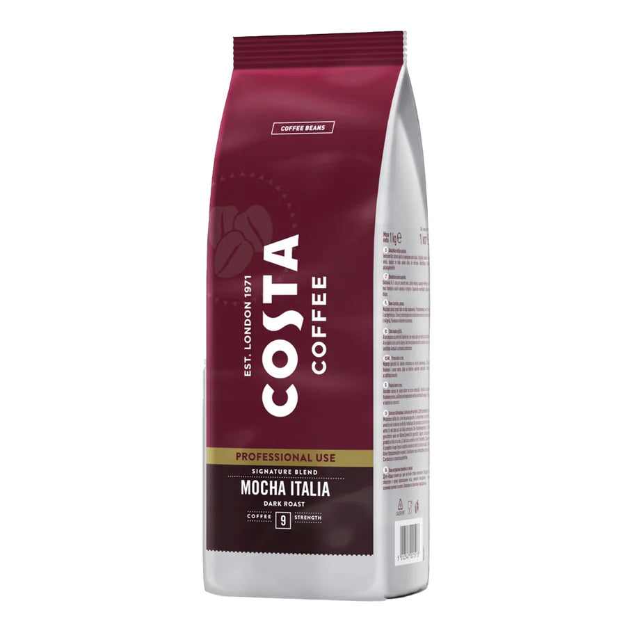 Front view of Costa Mocha Italia Dark Roast Coffee Beans 1kg bag